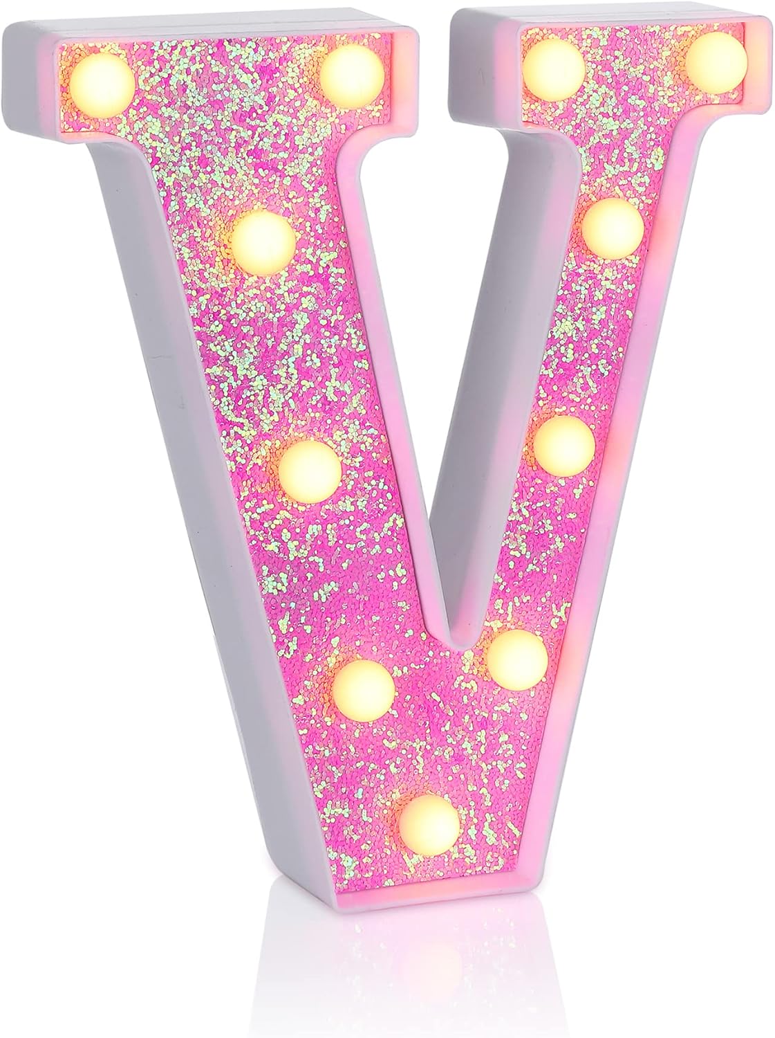 Foaky Pink Light up Letters，Pink Party Decorations,Girls Room Decor,Glitter Light Up Letters,Alphabet Letter Sign for Night Light Birthday Party Girls Gifts, Home Bar Decoration（V）