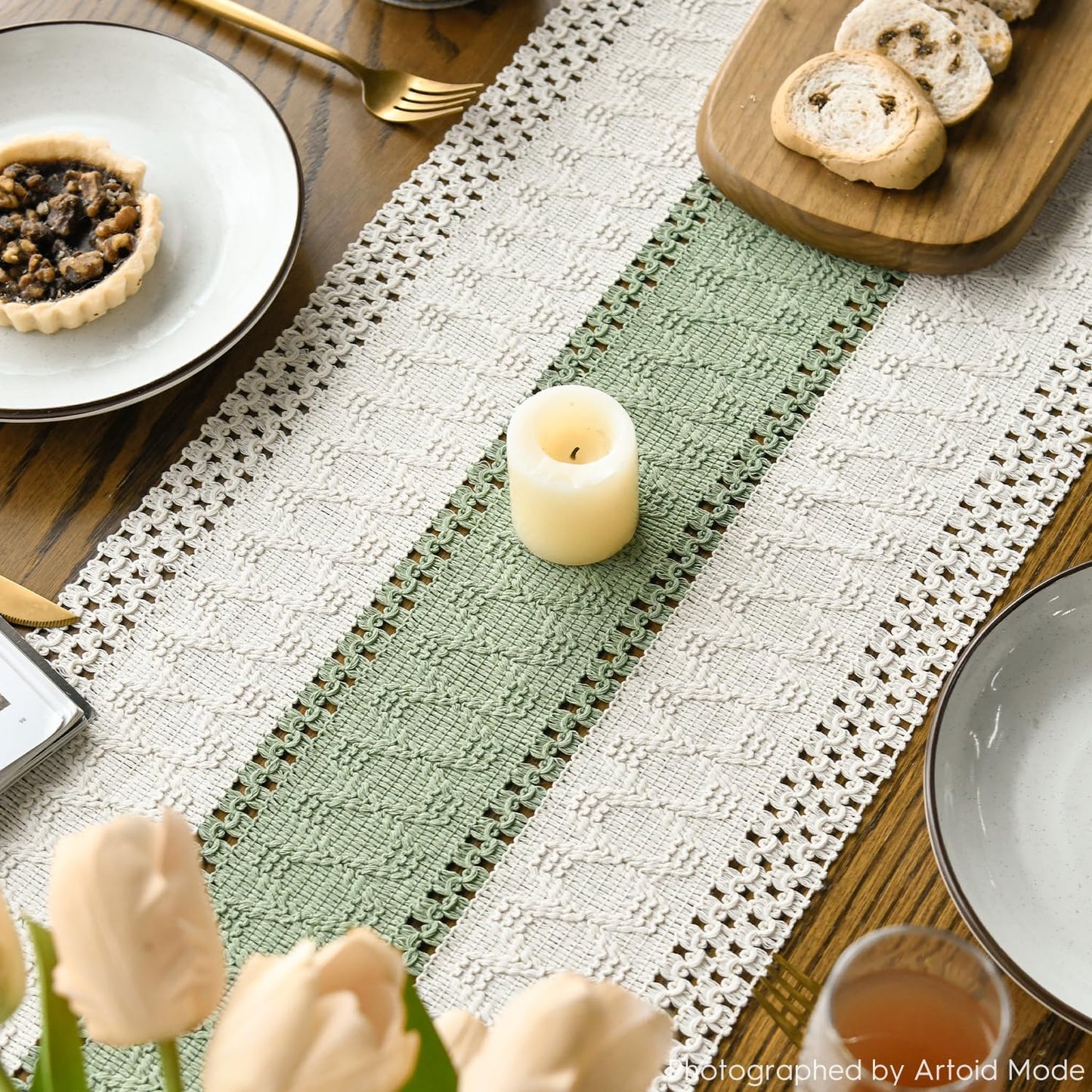 Artoid Mode Light Green Farmhouse Rustic Table Runner, Seasonal Holiday Hollow Kitchen Dining Table Decoration for Home Party Decor 12x60 Inch