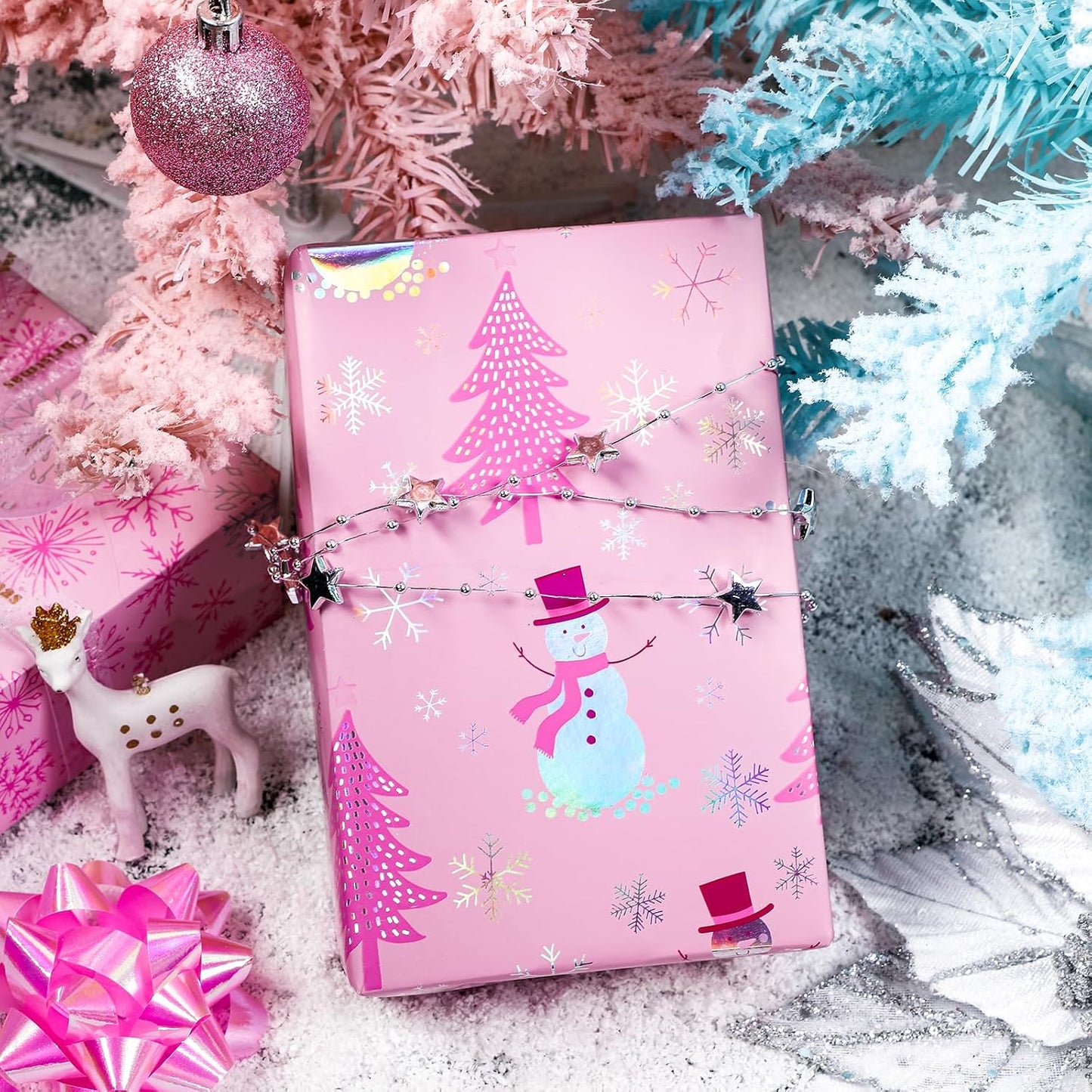 LeZakaa Christmas Pink Wrapping Paper Mini Roll, Snowman Christmas Tree & Snowflake Metallic Foil, Rose Gold Foil Reversible Design for Festive Winter Holiday, Family Gathering, 17 inches x 32.8 Feet