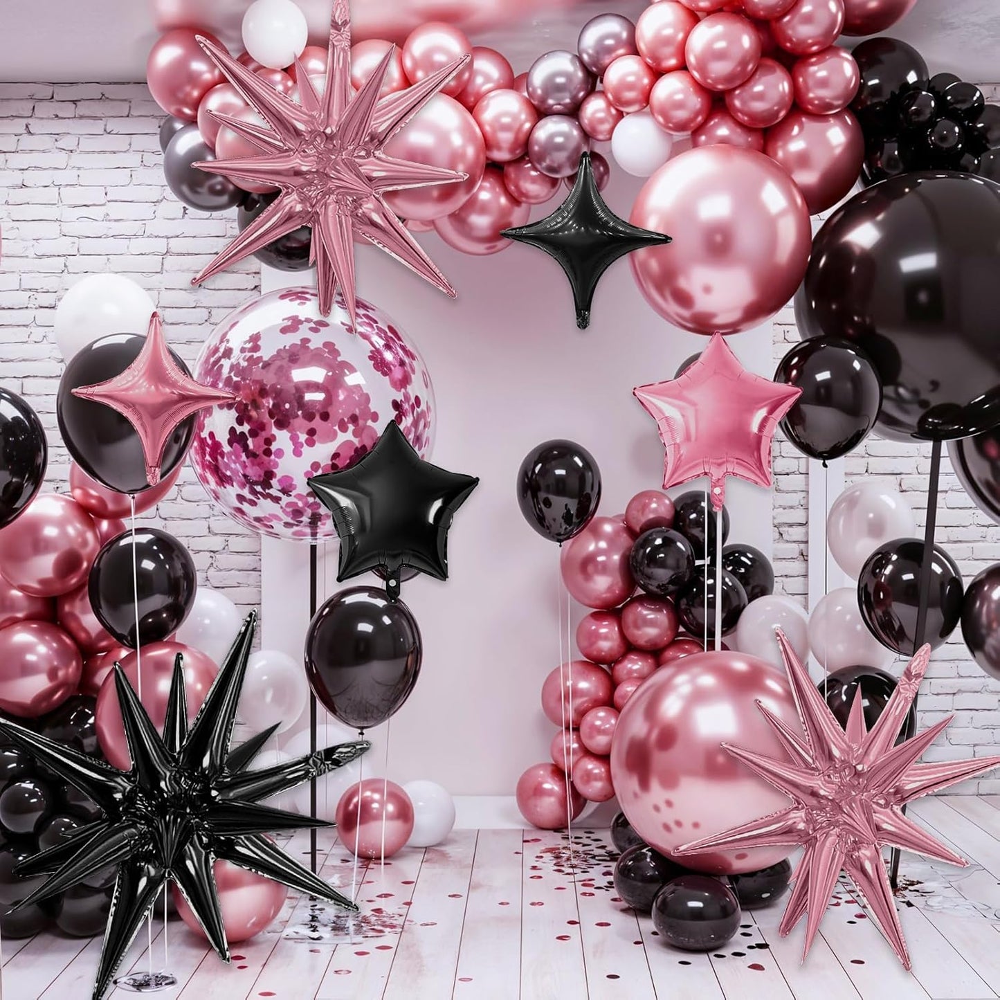Pink Black Star Balloon,16Pcs Star Foil Balloons Set with 22Inch Explosion Spike Cone Balloons and 10Inch Quadrangle Helium Balloon for Birthday Wedding Baby Shower Party Decorations