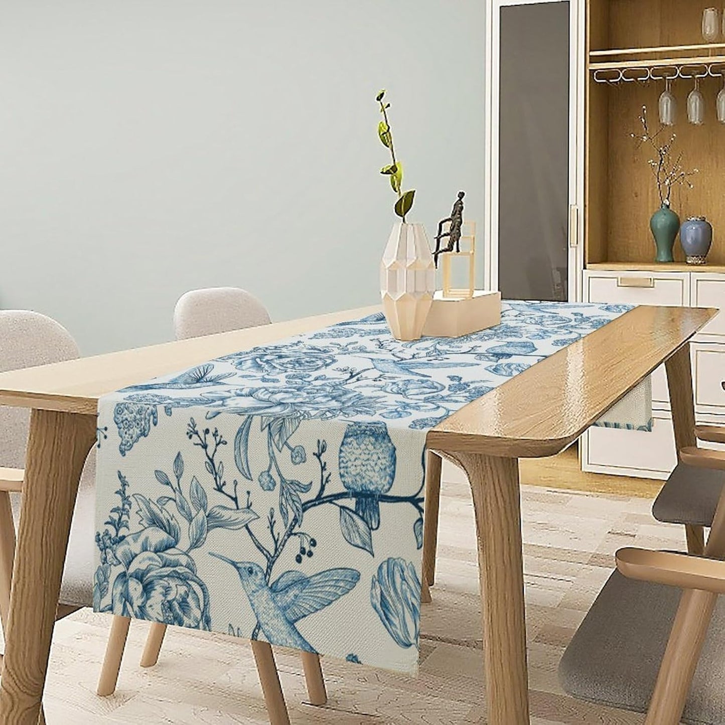 Blue White Table Runner Retro Monochrome Sketch Birds Flower Vintage Floral Kitchen Dining Table Decoration for Home Party Holiday 13"x120"