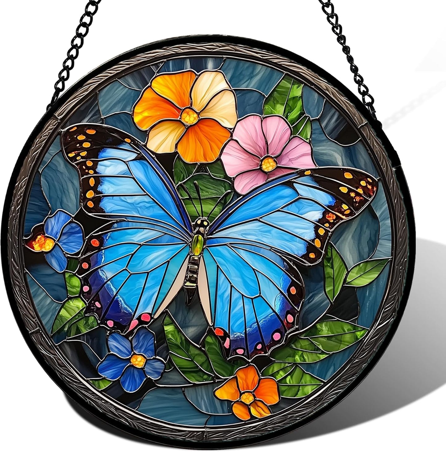 Stained Glass Window Hanging, Blue Butterfly Flower Suncatcher for Doors Home Sun Catchers Decoration and Christmas, Mother's Day Birthday Gifts for Women, Men, and Mom 11.8 in
