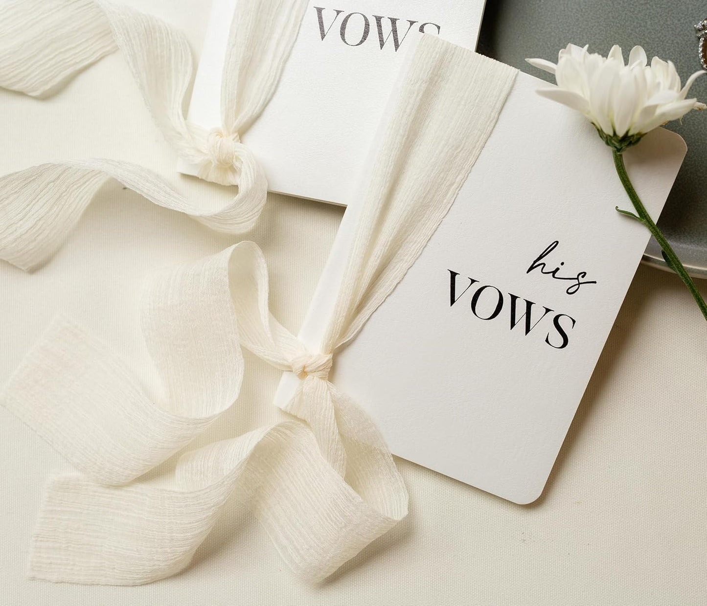 White Vow Books with Ribbons (Set of 2) - 5.625 x 4 Minimalist Pocket Sized Wedding Ceremony Vow Renewal Speech, Gift for Bride to Be & Newly Engaged Couple, 48 Lined Pages