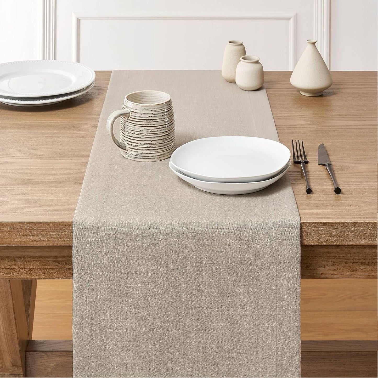 ZeeMart Linen Textured Border Table Runner, 14 x 72 Inch Natural, Farmhouse Style Neutral Table Runners 72 Inches Long, Easy Care Everyday Polyester Table Runner