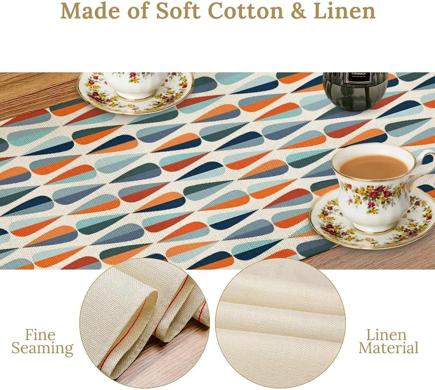 Mid Century Table Runner, Modern Style Retro Pattern Droplet Shapes Mosaic Tones Pattern Print for Home Kitchen Table Decor Dining Coffee Room Party Decor 13x108in