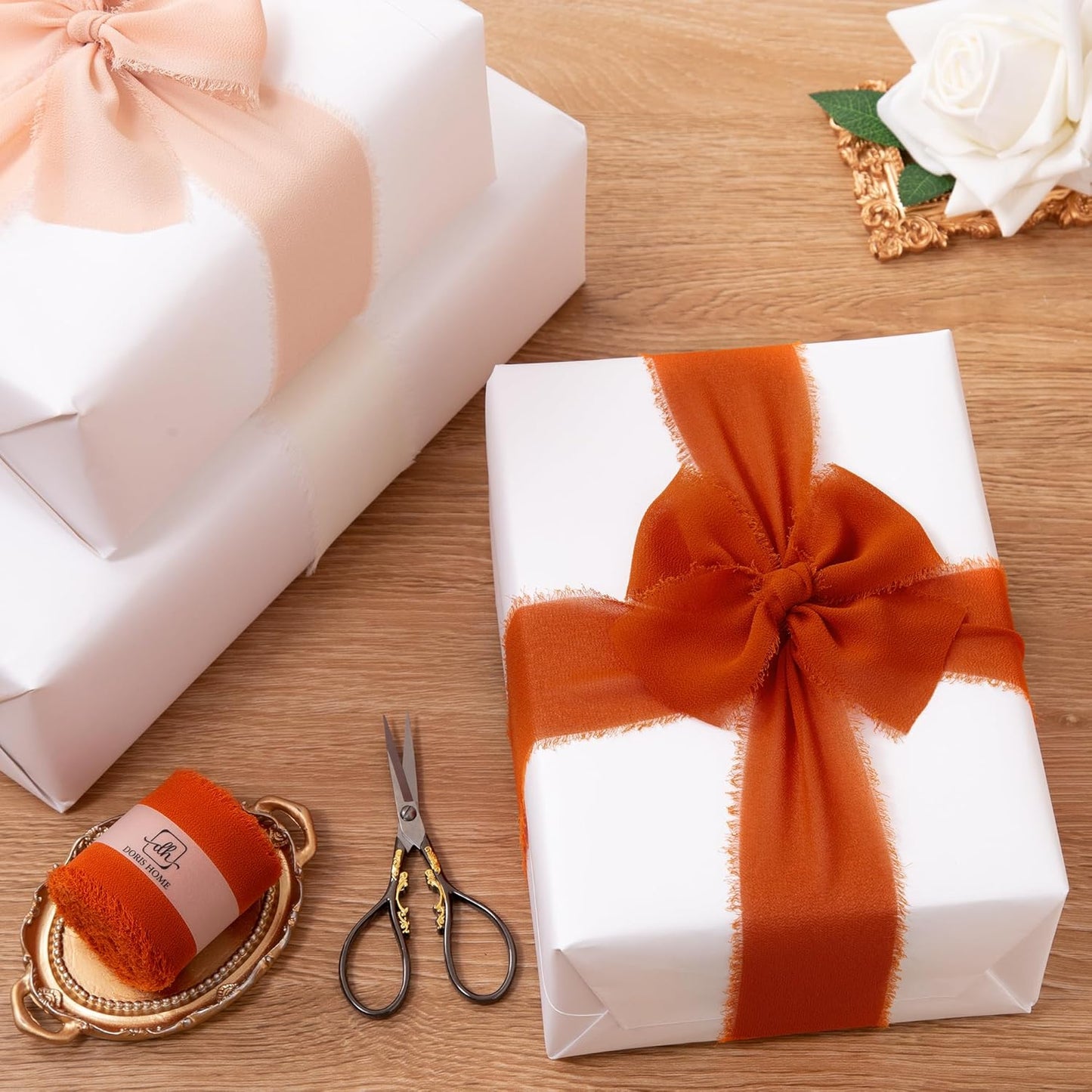 DORIS HOME 2" x21Yd Chiffon Ribbon for Flower Bouquet, Orange & Cream Fabric Ribbon for Gift Wrapping, Handmade Frayed Ribbon for Wedding/Christmas Decorations