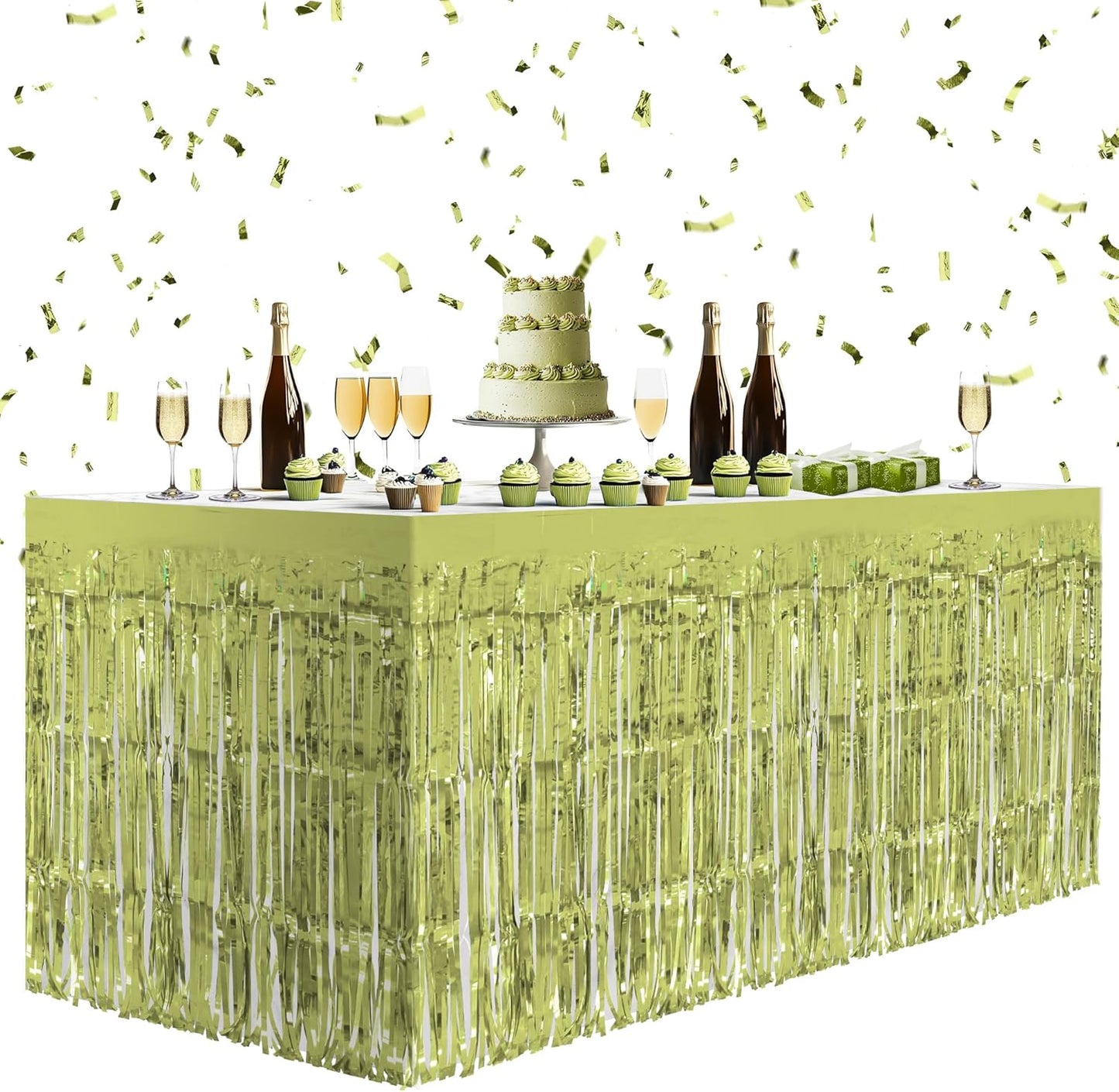 2 Pack Lime Green Table Skirts, 29x108" Metallic Foil Tinsel Fringe Table Skirt for Rectangle Tables Streamer Curtains Backdrop, Party Decorations for Birthdays, Weddings, Holidays
