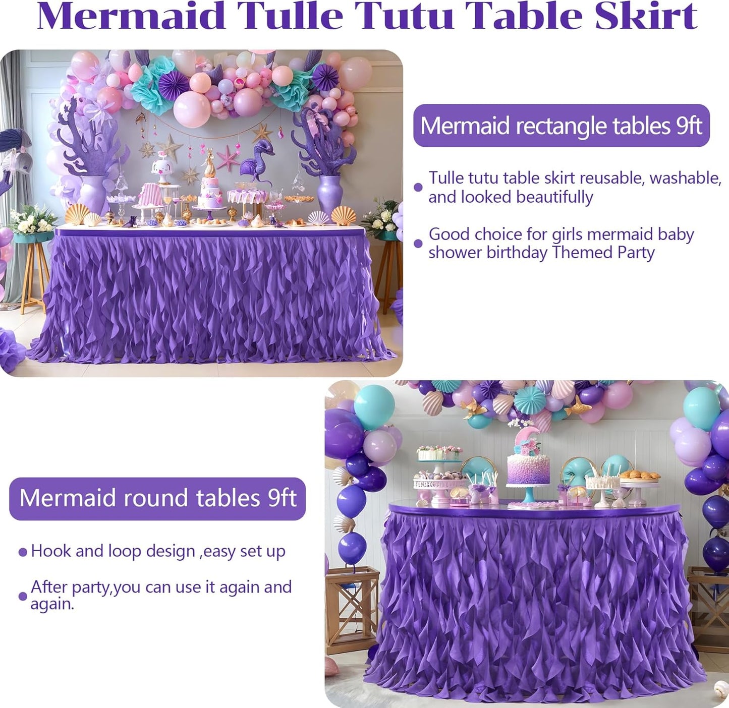 PARTISKY Mermaid Purple Tulle Curly Willow Table Skirt for Rectangle Table 9ft, Ruffle Tutu Table Cloth for Girls Boys Baby Shower,Mermaid Birthday Party