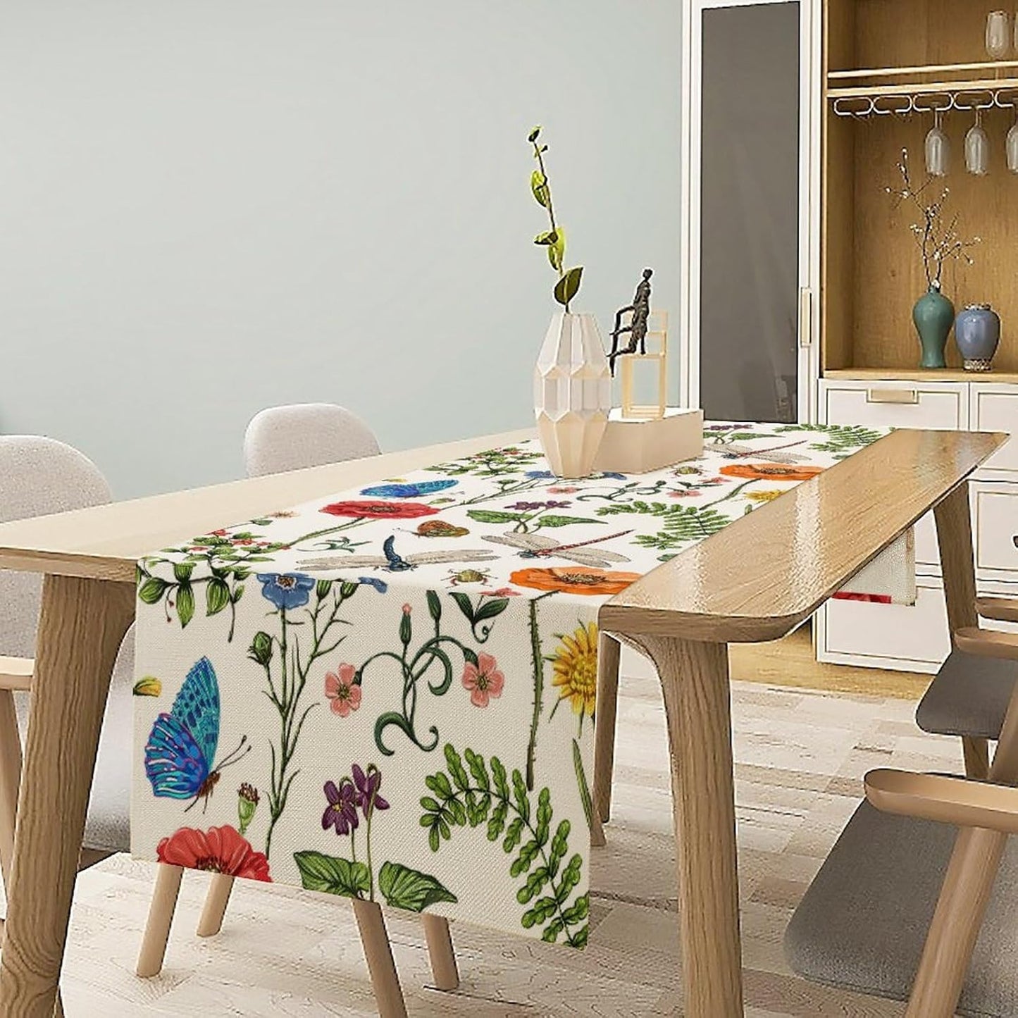 Vintage Botanical Flowers Table Runner, Seasonal Summer Plants Florals Butterfly Dinner Runner for Home Kitchen Dining Table Party Holiday Decoration 13"x108"