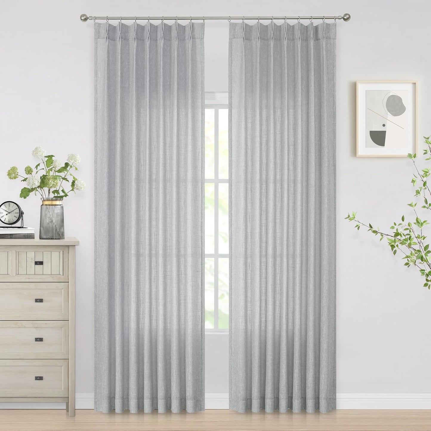 Vision Home Gray Pinch Pleated Semi Sheer Curtains Textured Light Filtering Window Curtains 63 inches for Living Room Bedroom Silver Grey Pinch Pleat Drapes with Hooks Back Tabs 2 Panels 40" Wx63 L