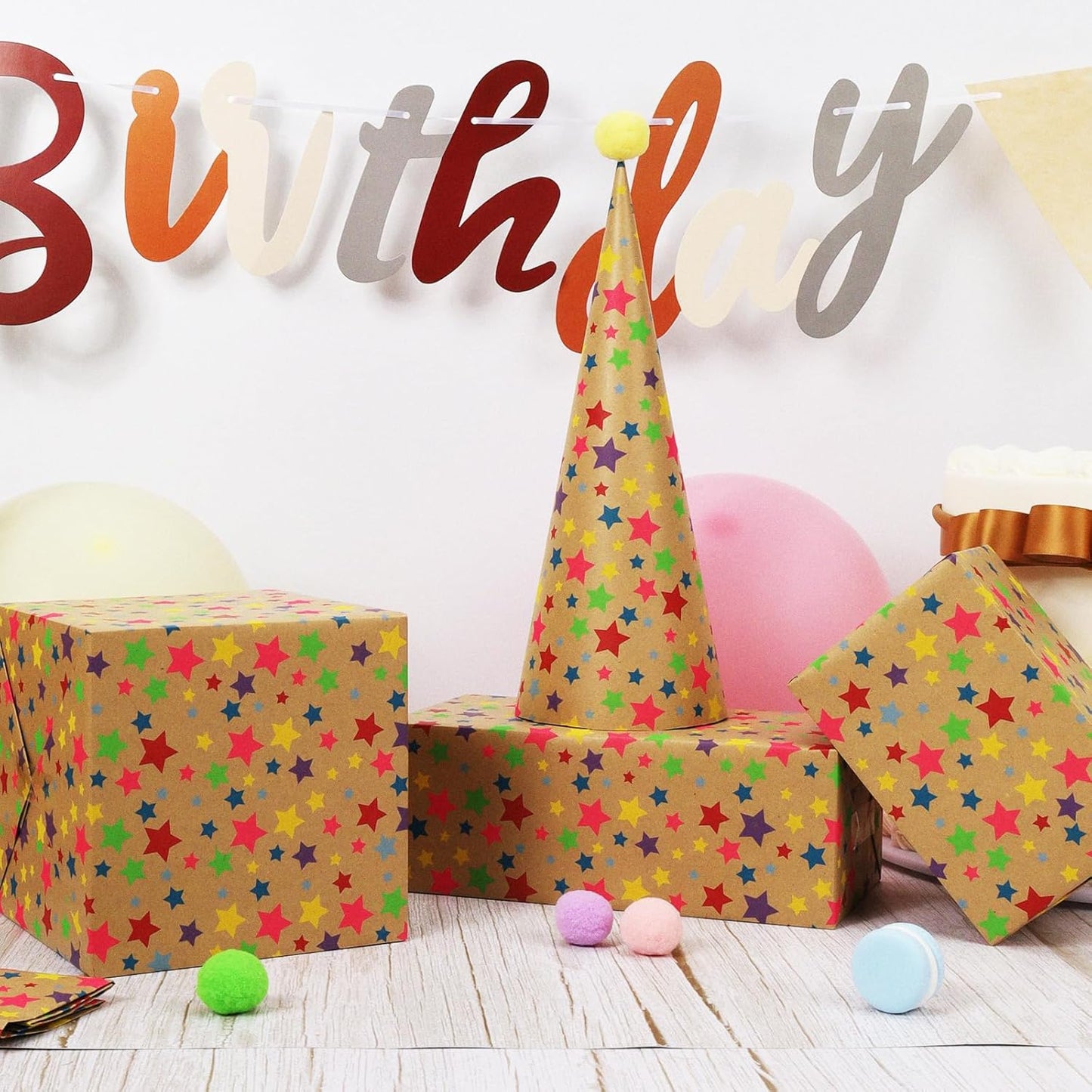 LaRibbons Birthday Wrapping Paper Roll for Kids, 30 Inch x 33 Feet (83 sq. ft. ttl.) Kraft Gift Wrap Paper with Colorful Star Pattern for Baby Shower Holiday Party