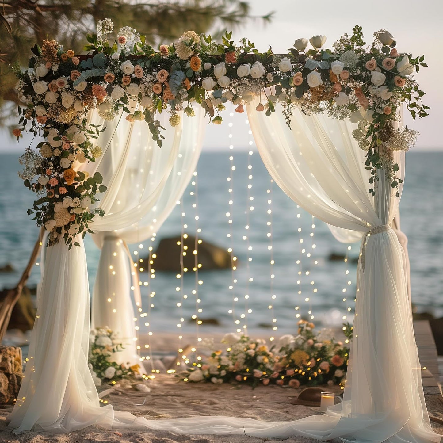 Fomcet Ivory Tulle Backdrop Curtains with Lights String 10FT X 8FT Sheer Curtain with Lights Tulle Curtains Backdrop for Wedding Birthday Party Baby Shower Photo Shoot (2 Panels 5x8FT)