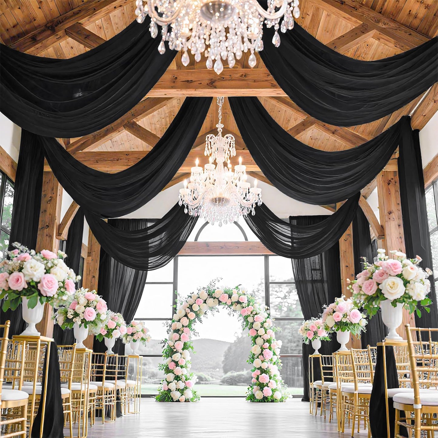 FUHSY Wedding Ceiling Drapes Black Ceiling Drapes for Weddings 5FTx30FT 2 Panels Wedding Arch Drapery Ceiling Fabric Draping Fabric Sheer Voile Curtain Arch Drapes for Ceremony Outdoor Indoor