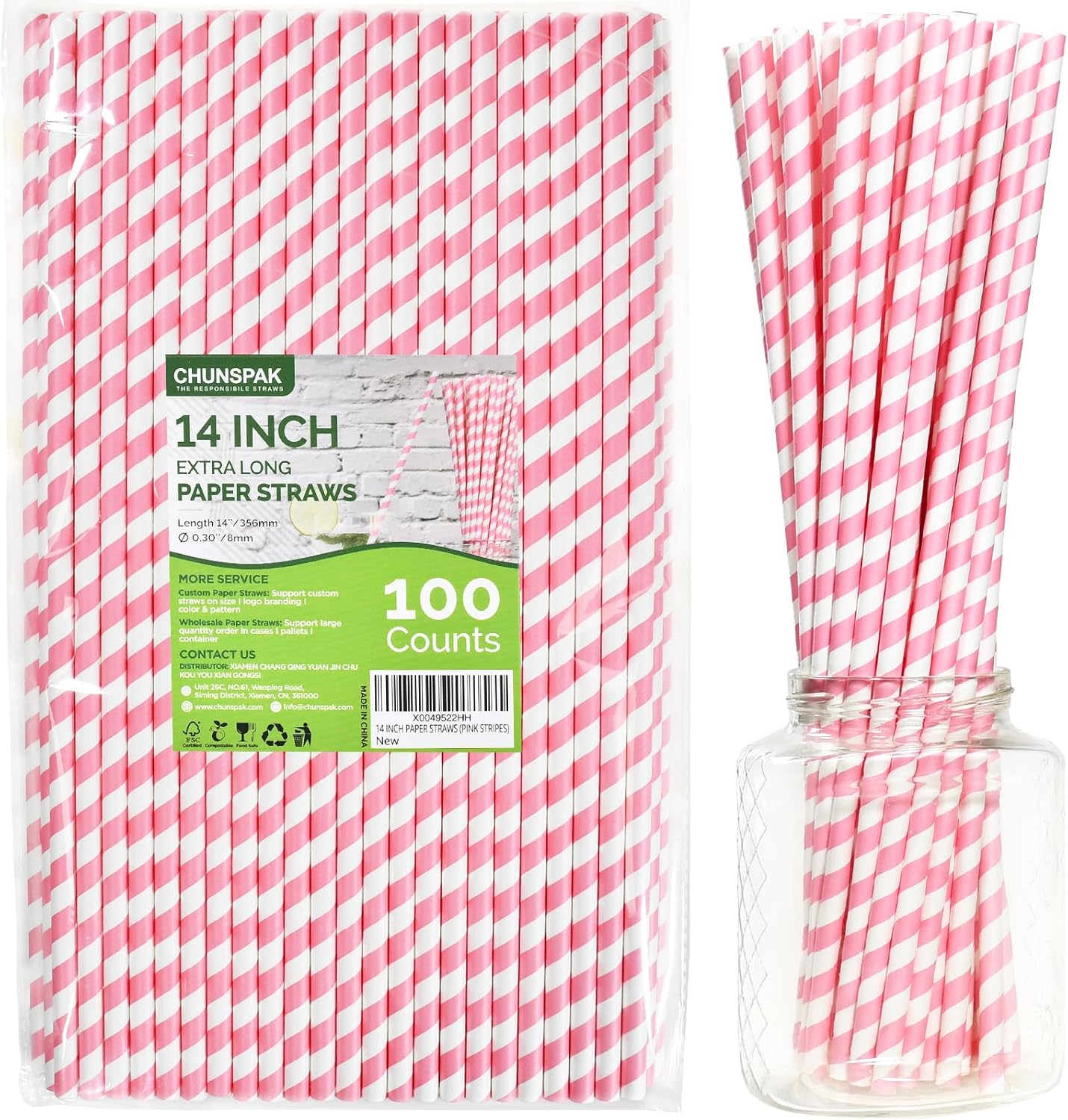 14 inch Extra Long Disposable Pink/White Striped Paper Drinking Straws 0.31" Wide - 100 Counts, Biodegradable