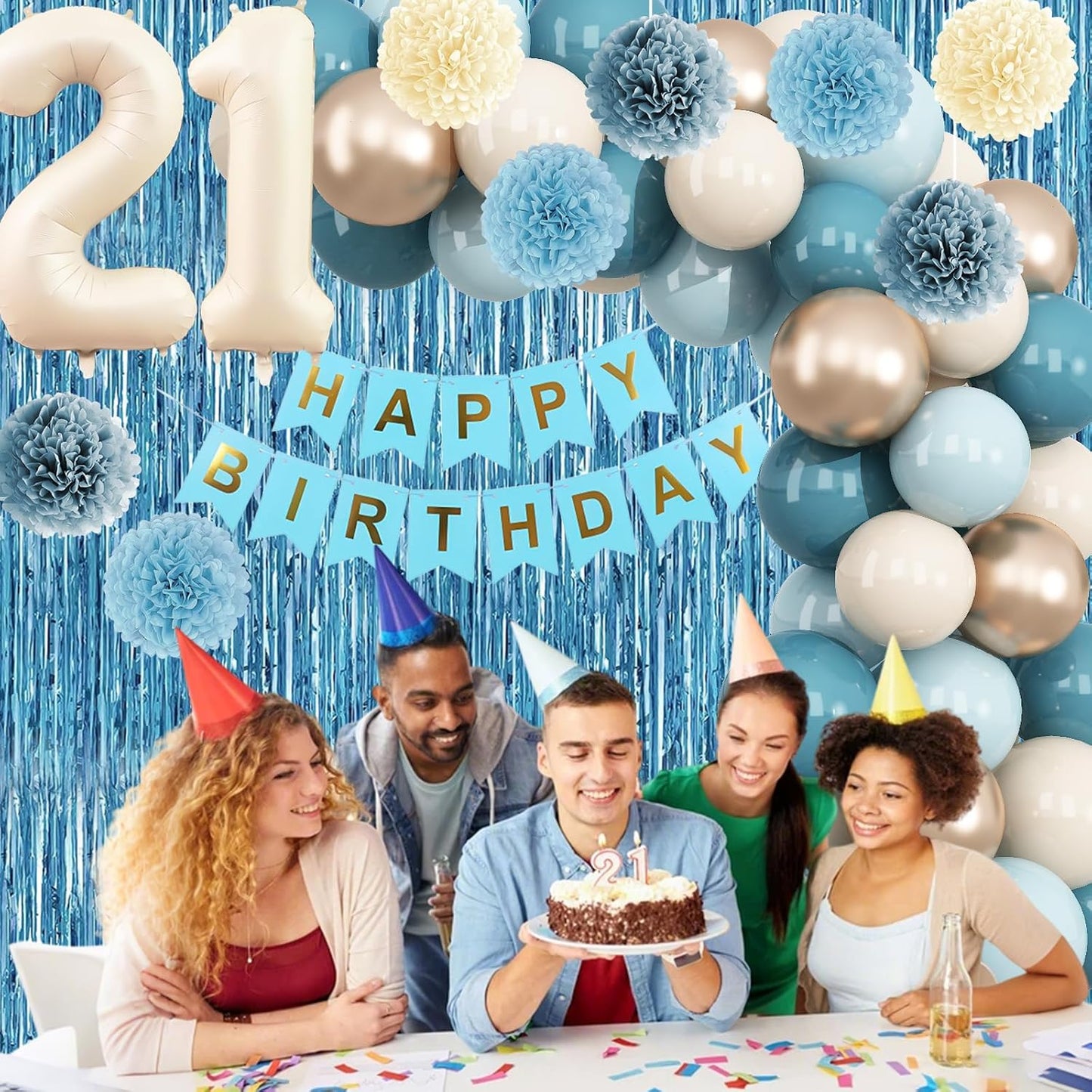 Dusty Blue 21st Birthday Decorations for Him Her Beige Cream Number 21 Balloon Blue Gold Happy Birthday Banner Fringe Curtain Paper Pom Poms Nude White Sand Champagne Star Foil Balloons Party Decor