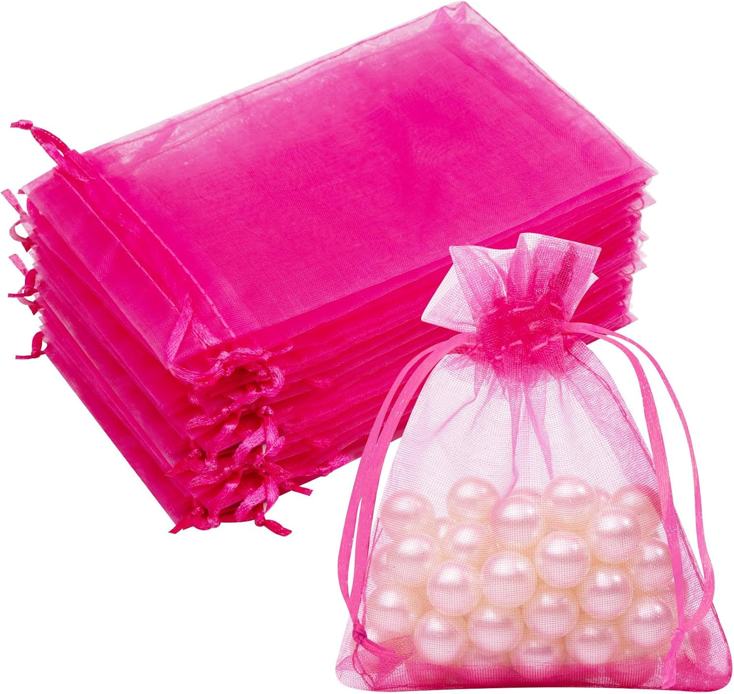 50 Pcs Hot Pink Organza Bags, 3x4 Inch Small Mesh Bags Drawstring Jewelry Pouch Gift Bag Goodie Bag for Wedding Party Favor