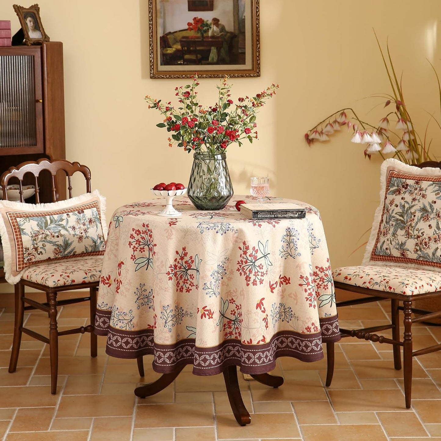 patdrea Designer Linen French Round Table Cloth,Vintage Red Floral Durable Breathable Colorful Dacorative Tablecloth for Kitchen Dining,Christmas,Thanksgiving,Holiday,Diameter 67"-Newmari