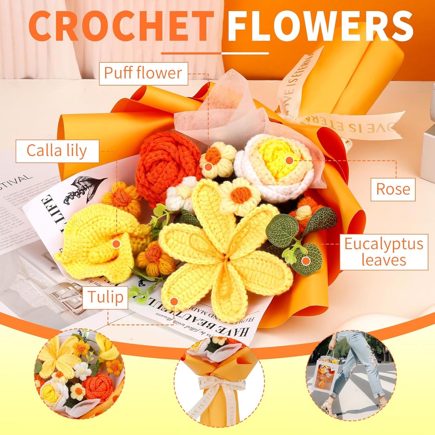 Crochet Flowers Cute Bouquet, Handmade Crochet Flowers Knitted Bouquet, Tulips Flower and Calla Lily for Birthday, Teacher’s Day, Graduation, Valentines (Yellow)