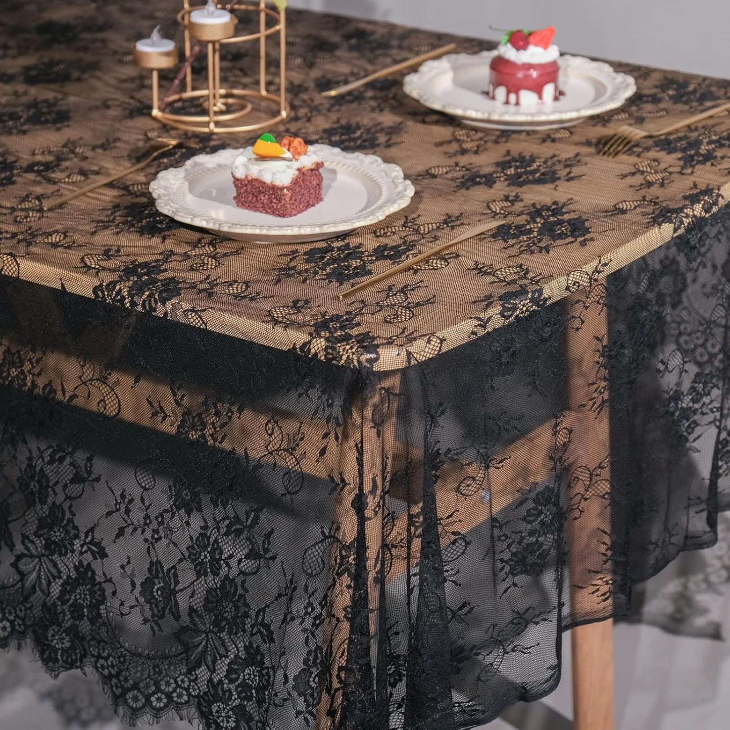 TINWIN Rectangle Lace Tablecloth 60x120 Inch Black Vintage Runner Eyelash Fabric for Kitchen Dining Picnic Table Wedding Decor for Home Decoration Tea Party Decor-4