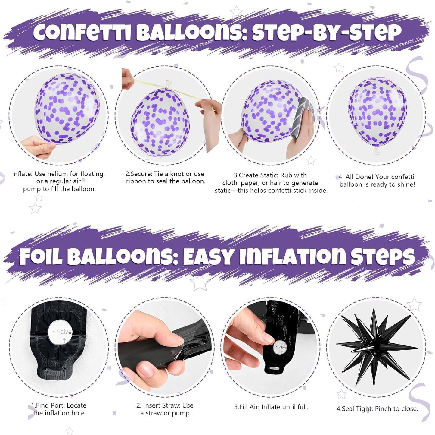 Purple and Black Balloons, 12 Inch Metallic Purple Dark Light Purple Black Confetti Balloon with Star Foil Balloons for Halloween Birthday Wedding Graduations Party Decorations