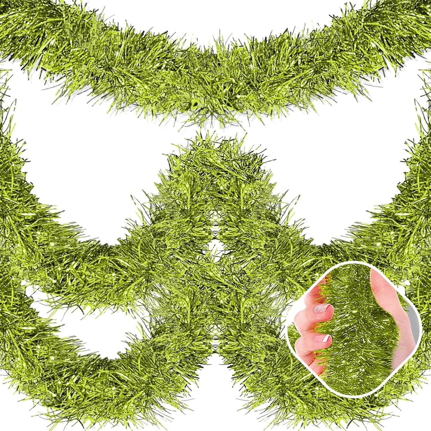 25 Feet Light Green Christmas Tinsel Garland, Metallic Foil Twist Garland Wall Hanging Tinsel Banner Backdrop for Parade Floats, Easter, Mother's Day, Birthday Party Decorations (4in x 25ft)