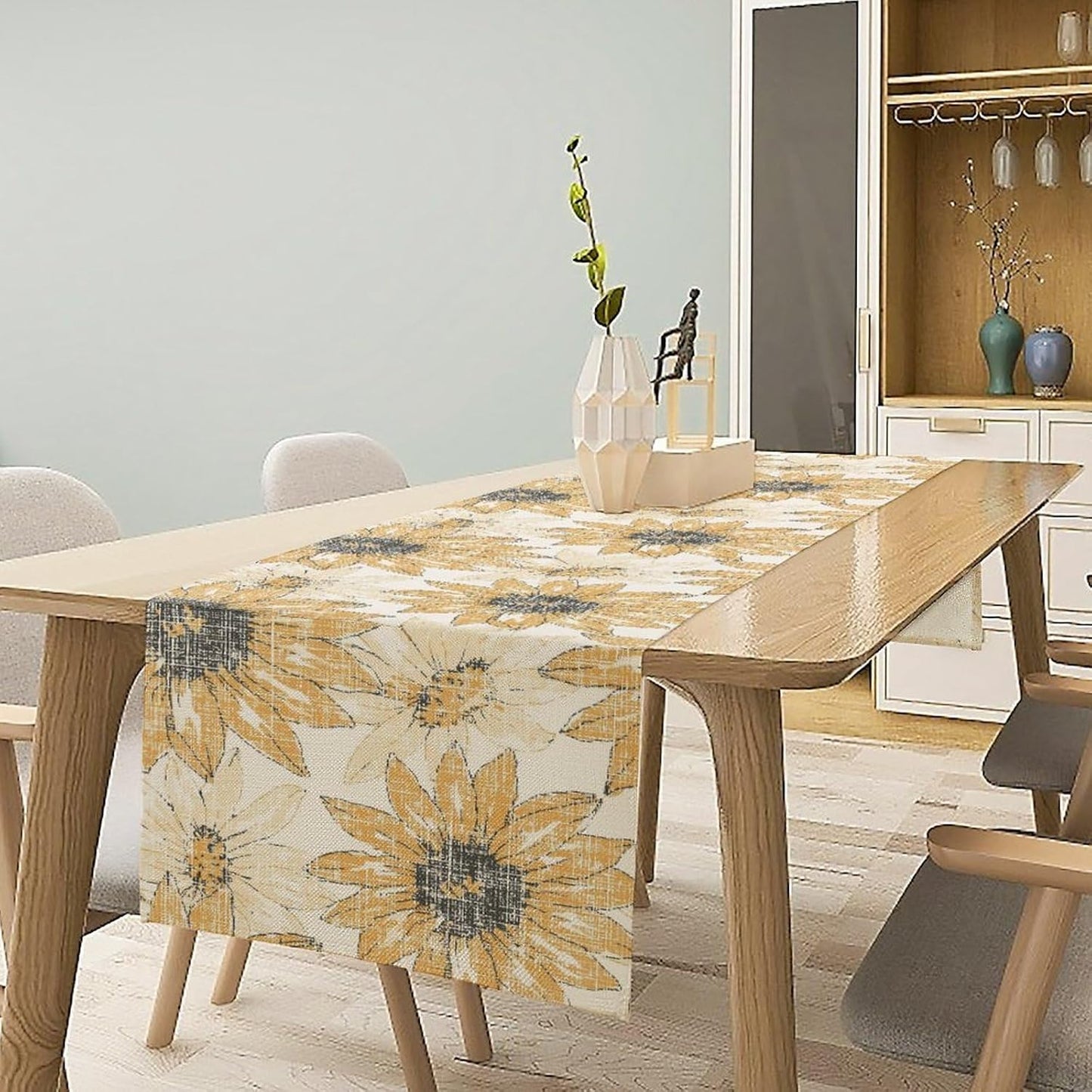 Chrysanthemum Vintage Floral Table Runner, Elegant Grunge Orange Sunflower Spring Summer Elegant Pattern Artichokes Flower Table Runner for Party Kitchen Dining Living Room Decor, 13x36 Inch