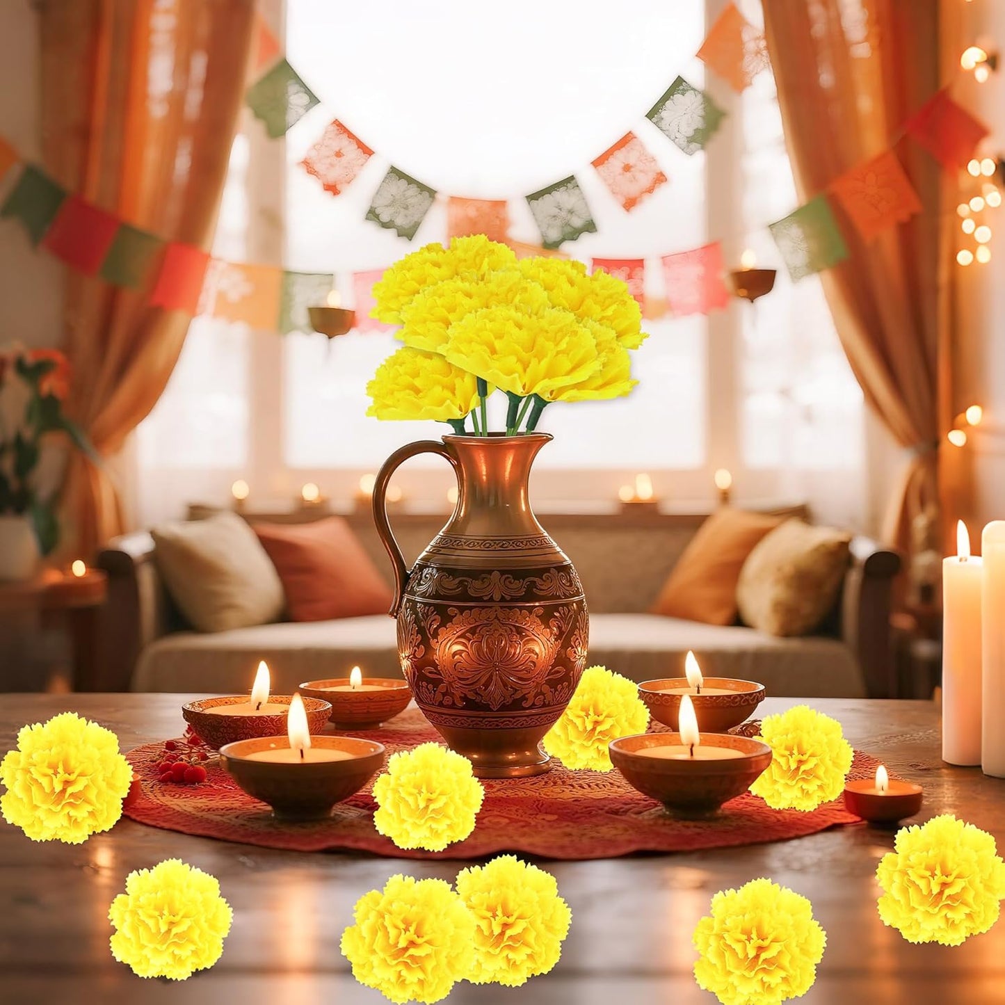 30 Pcs Artificial Marigold Flowers,2" Silk Marigold Flower Heads with Stems,Yellow Flowers Artificial for Diwali Decor,Indian Wedding,Home,DIY Wreath Garland,Day of The Dead Decorations