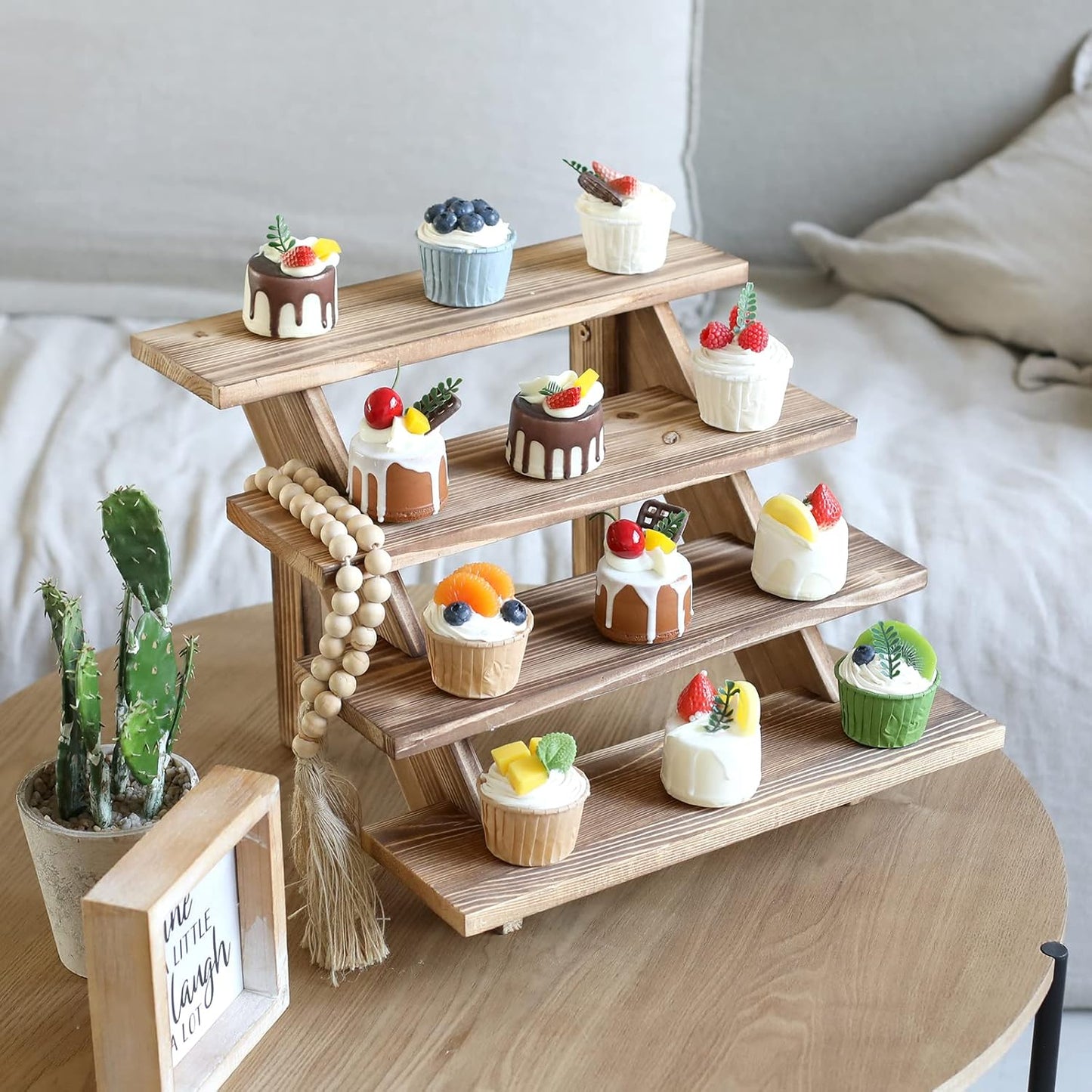 SwallowLiving Wooden Rustic Cupcake Stand for 24 Cupcakes, Stepped Wood Display Stand for Weddings, Tiered Party Table Display Riser for Food , Dessert, Cookie, Decor, Craft Show, Burnt