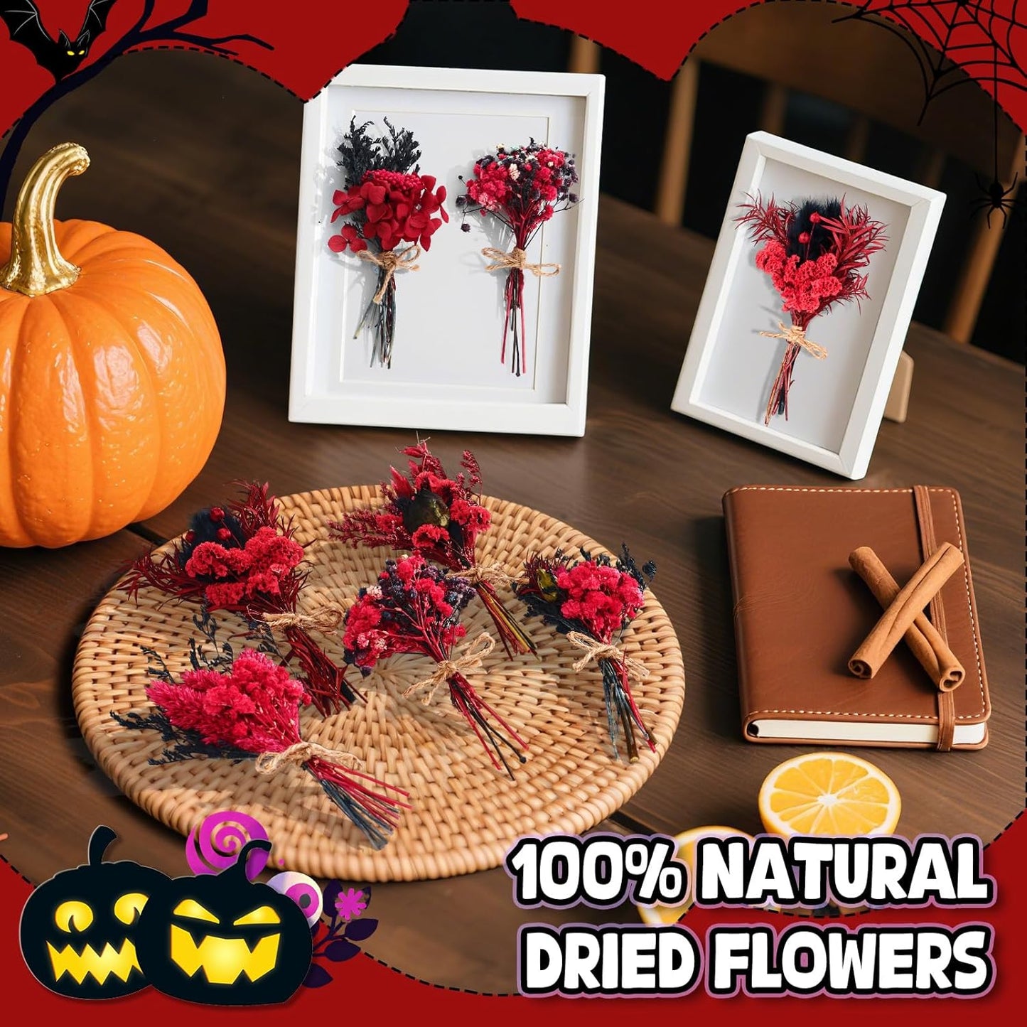 12/24 PCS Charming Dried Flowers Bouquet for Vase Various Dried Wildflowers with Stems Mini Handmade Wildflowers Natural Real Flowers Bulk Flowers Craft (Black and Red, 12PCS)