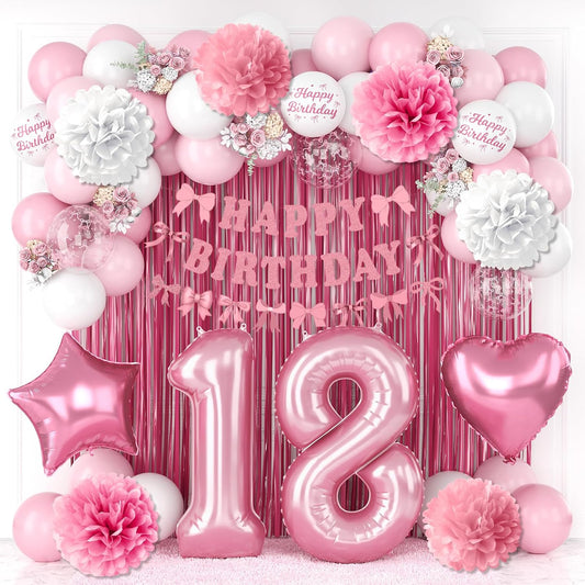 18th Birthday Decorations for Girls Pink Number 18 Balloon Bow Coquette Happy Birthday Banner Fringe Curtain Paper Pom Poms Star Heart Foil Pink White Balloons 18 Year Old Party Decor for Her