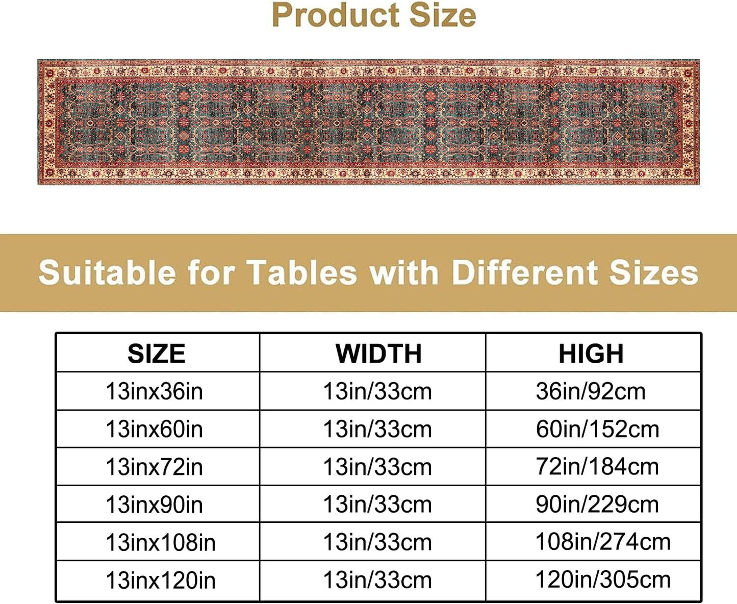 Vintage Boho Floral Table Runner, Rustic Country Farmhouse Red Teal Retro Flower Pattern for Home Kitchen Table Decor Dining Coffee Room Party Decor 13x120in