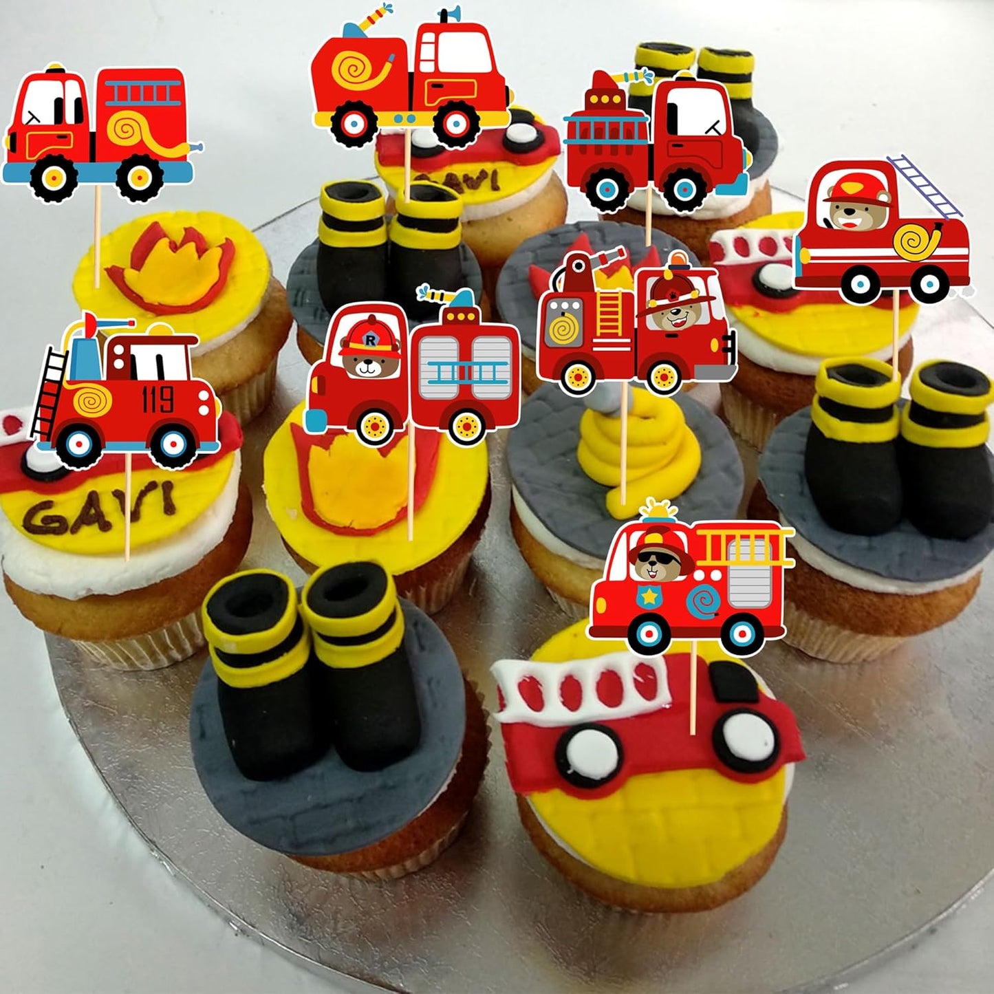 24pcs Fire Truck Cupcake Toppers Bear Firefighter Fire Truck Birthday Decorations Fireman Birthday Party Decorations