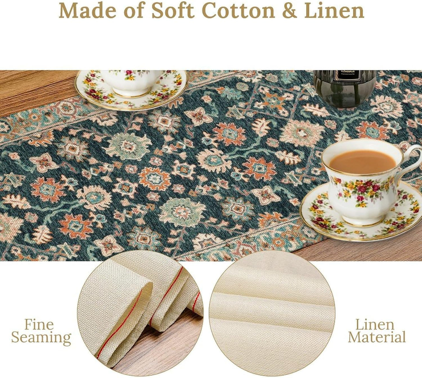 Vintage Boho Floral Table Runner, Rustic Country Farmhouse Blue Teal Red Bohemia Flower Pattern for Home Kitchen Table Decor Dining Coffee Room Party Decor 13x120in