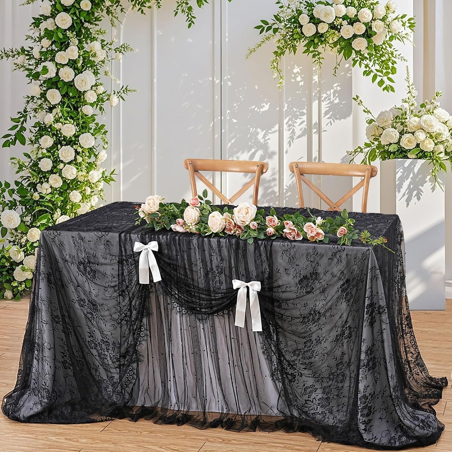 Black Lace Tablecloth Halloween Table Fabric 60x120 Inch for Scary Movies Rustic Wedding Bridal Shower Party Decoration Rectangle Overlay Long Vintage Embroidered Reception Table Cloth Decor