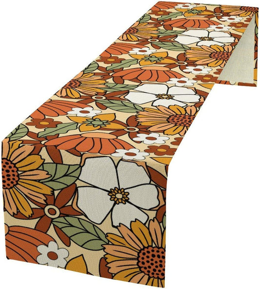Vintage Floral Table Runner,Boho 70s Style Retro Flower Table Cloth Kitchen Dining Table Home Party Decoration 13x60 Inch
