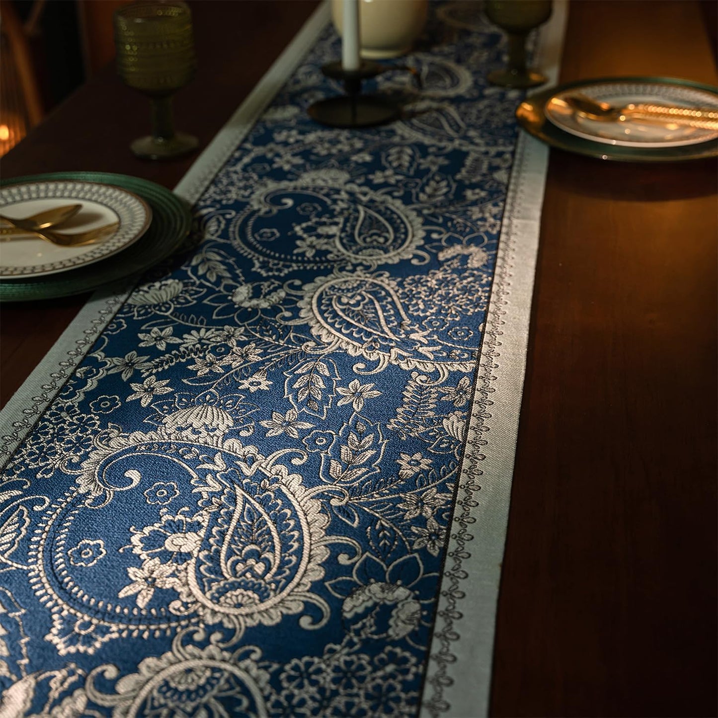 13×72 Inch Table Runner, Retro-Luxury Tassels Series for Kitchen Dining Table Holiday Decoration (Blue Pheonix)