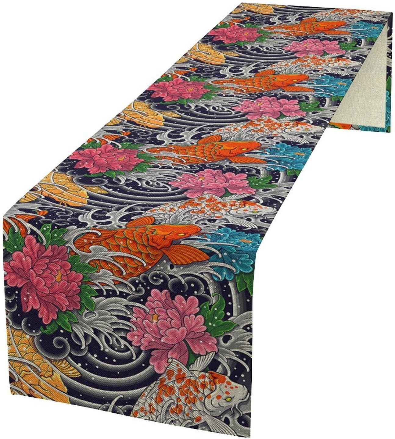 Japanese Retro Flowers Table Runner Oriental Tradition Kio Fish Art Printed Burlap Runner Home Kitchen Dining Table Living Room Decor Fabric 1 Panel W13xL90in