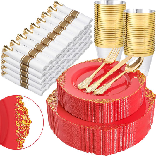 Nervure 350PCS Red Plastic Plates - Red Gold Plastic Dinnerware Sets for 50 Guests - 100 Gold Disposable Plates, 50 Pre Rolled Silverware Sets, 50 Cups Perfect for Wedding & Party & Christmas
