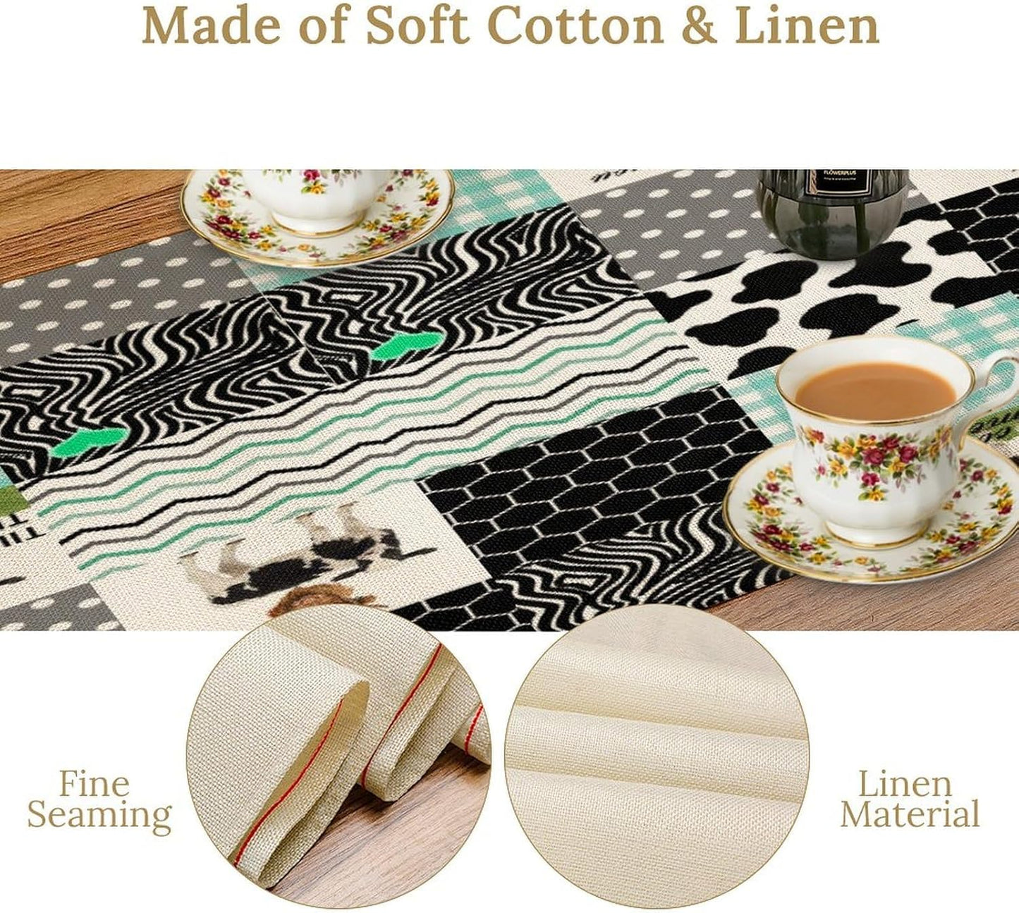 Cute Cow Print Table Runner,Farm Animals Honeycomb Plaid Stripes Cowhide Pattern Tablecloth Burlap for Hotel Indoors Outdoor Dining Room Kitchen Table Decor, 13x90in