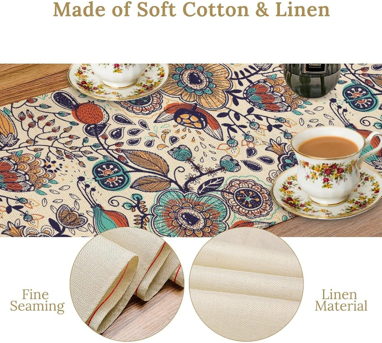 Boho Floral Table Runner,Vintage Flowers Tropical Plants Country Style Table Cloth Kitchen Dining Table Home Party Decoration 13x108 Inch