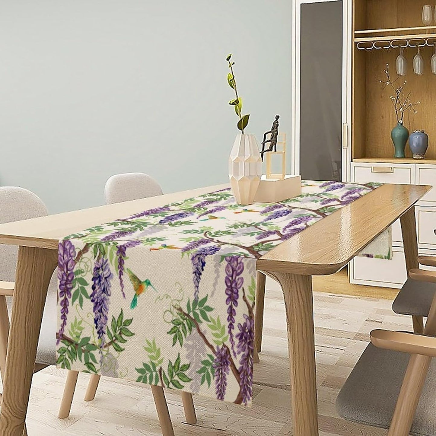 Vintage Bird Flower Table Runner Seasonal Spring Purple Wisteria Garden Plants Lavender Florals Farmhouse Country Kitchen Dinner Runner Dining Table Decoration for Home Party Holiday 13"x120"