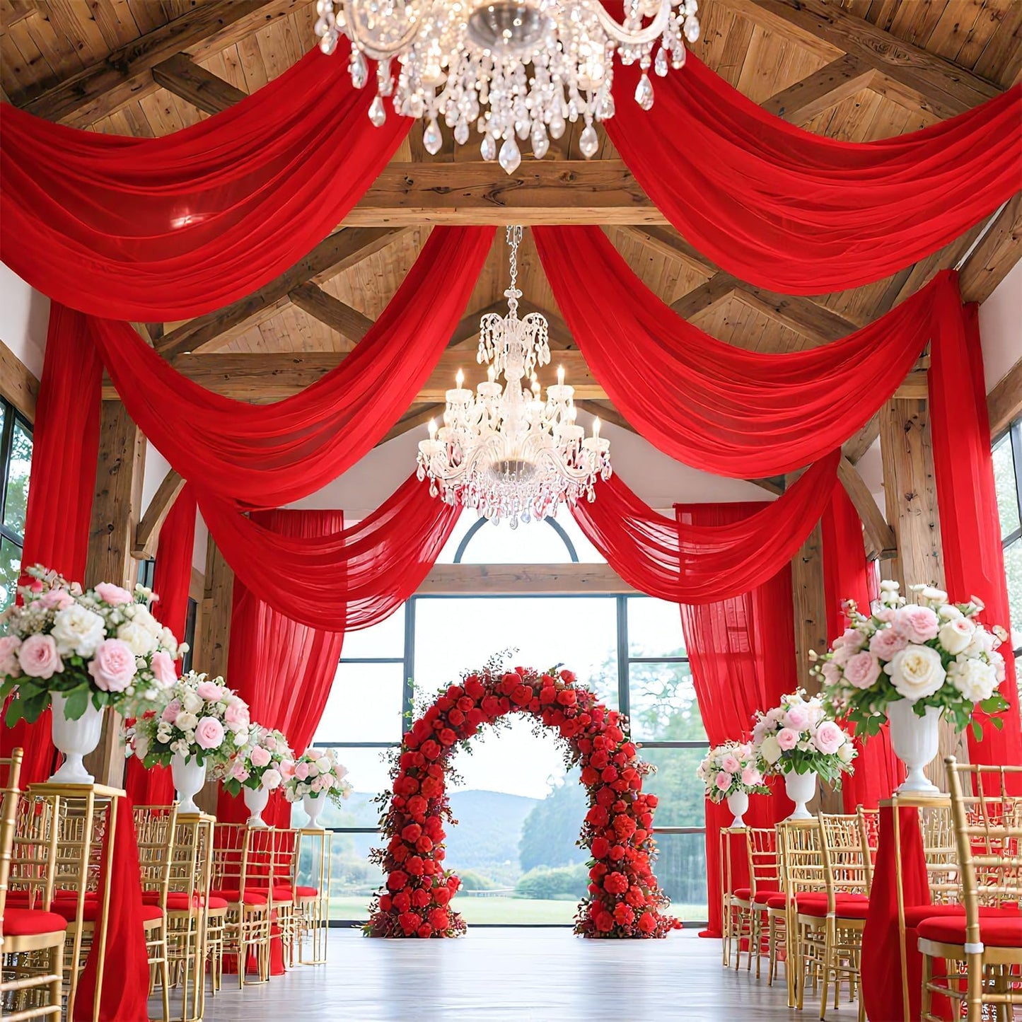 FUHSY Red Ceiling Drapes for Wedding Ceiling Drapes 5FTx20FT 2 Panels Sheer Ceiling Drapes for Parties Wedding Arch Draping Fabric Chiffon Curtain Wedding Drapery Fabric Ceiling Decorations for Party