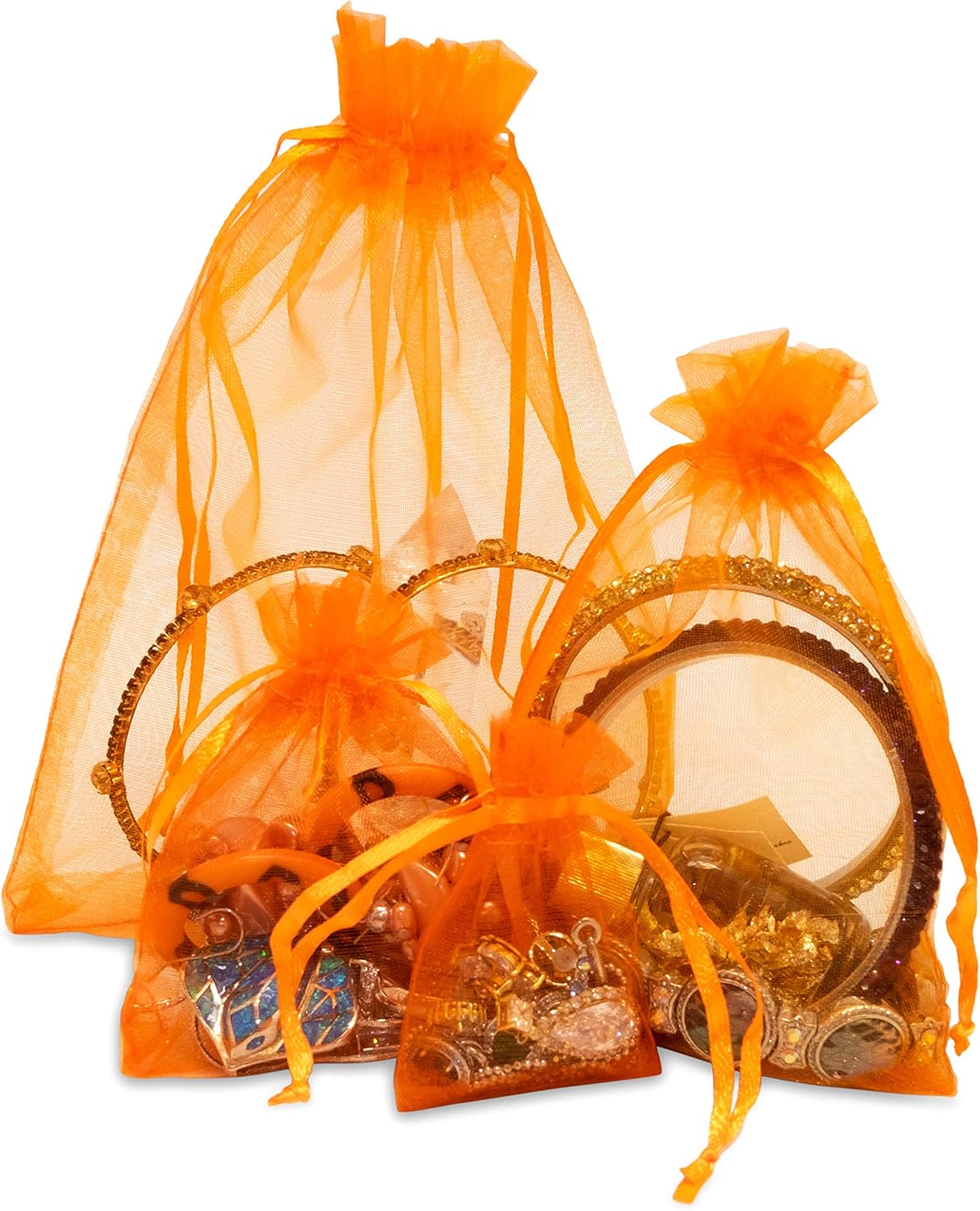 TheDisplayGuys 100-Pack 3x4 Orange Sheer Organza Gift Bags with Drawstring, Goodie Bags for Jewelry, Candy Bags, Treat Bags, Wedding Favors Small Mesh Bags