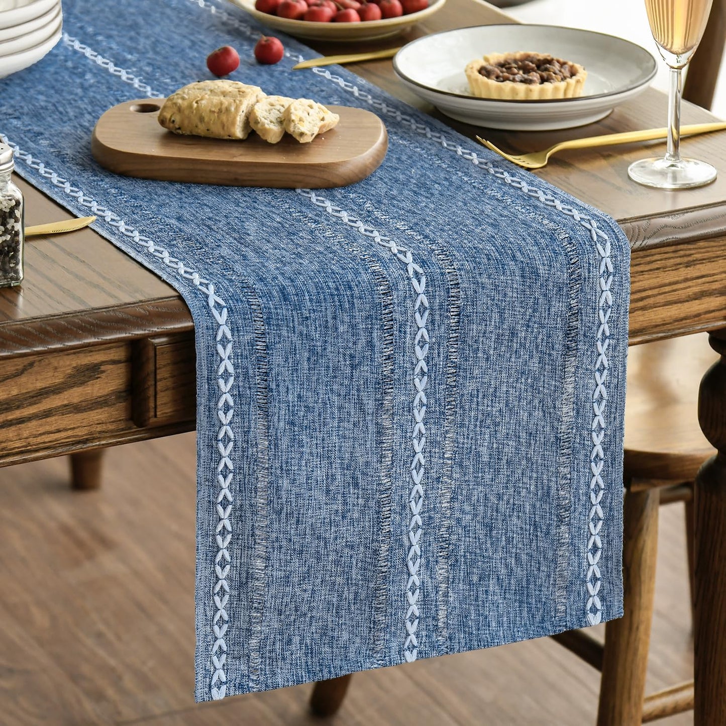 Artoid Mode Blue Rustic Cotton Linen Table Runner, Seasonal Embroidered Hollow Kitchen Dining Table Decoration for Home Party Decor 13x60 Inch