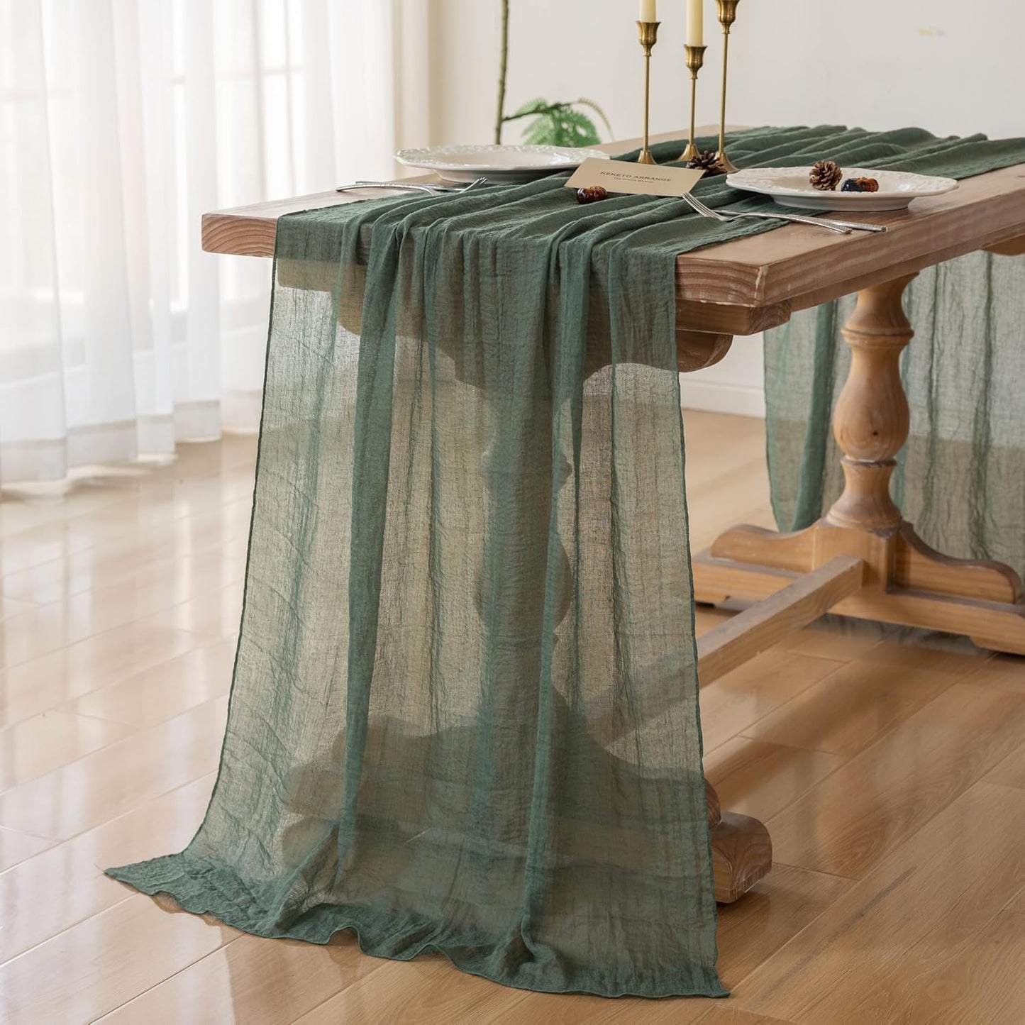 6Pcs Forest Green Gauze Rustic Cheesecloth Table Runner 120 Inch 10 FT for Wedding Baby Shower Bridal Shower Birthday Engagement Garden Outdoor Party Long Sheer Boho Decorations