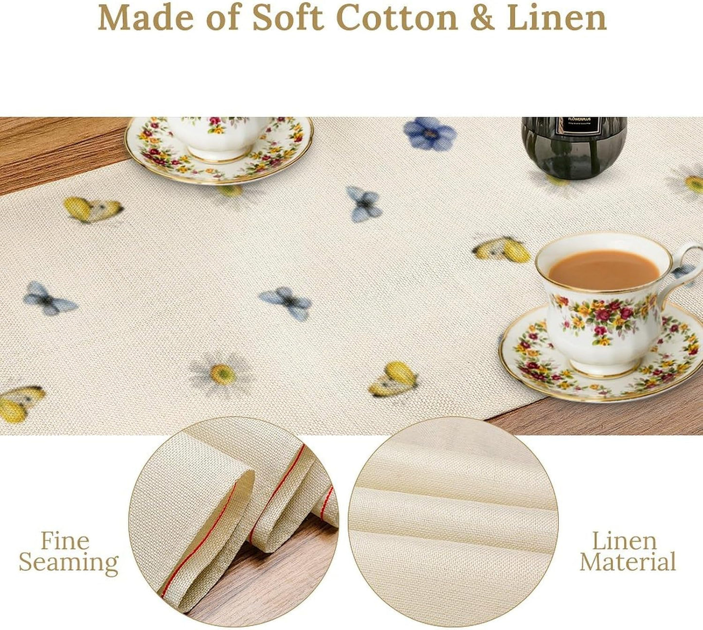 Floral Table Runner, Spring Watercolor Flower Plants Nature Butterfly Table Runner for Kitchen Dinner Living Room Home Party, 13x120 Inch