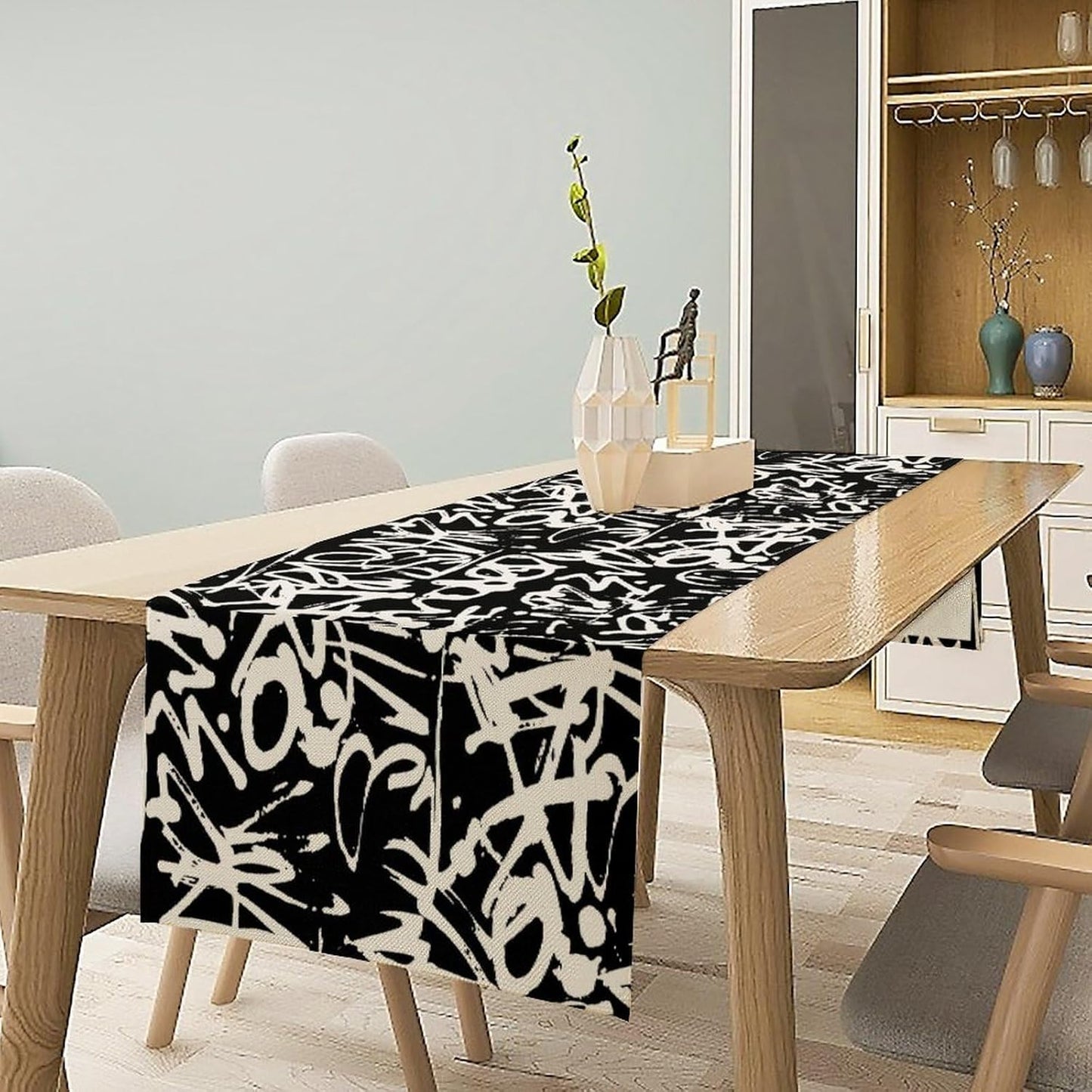 Graffiti Table Runner,Black White Abstract Messy Art Theme Pattern Print Tablecloth Burlap for Hotel Indoors Outdoor Dining Room Kitchen Home Decor,W13X L70 in