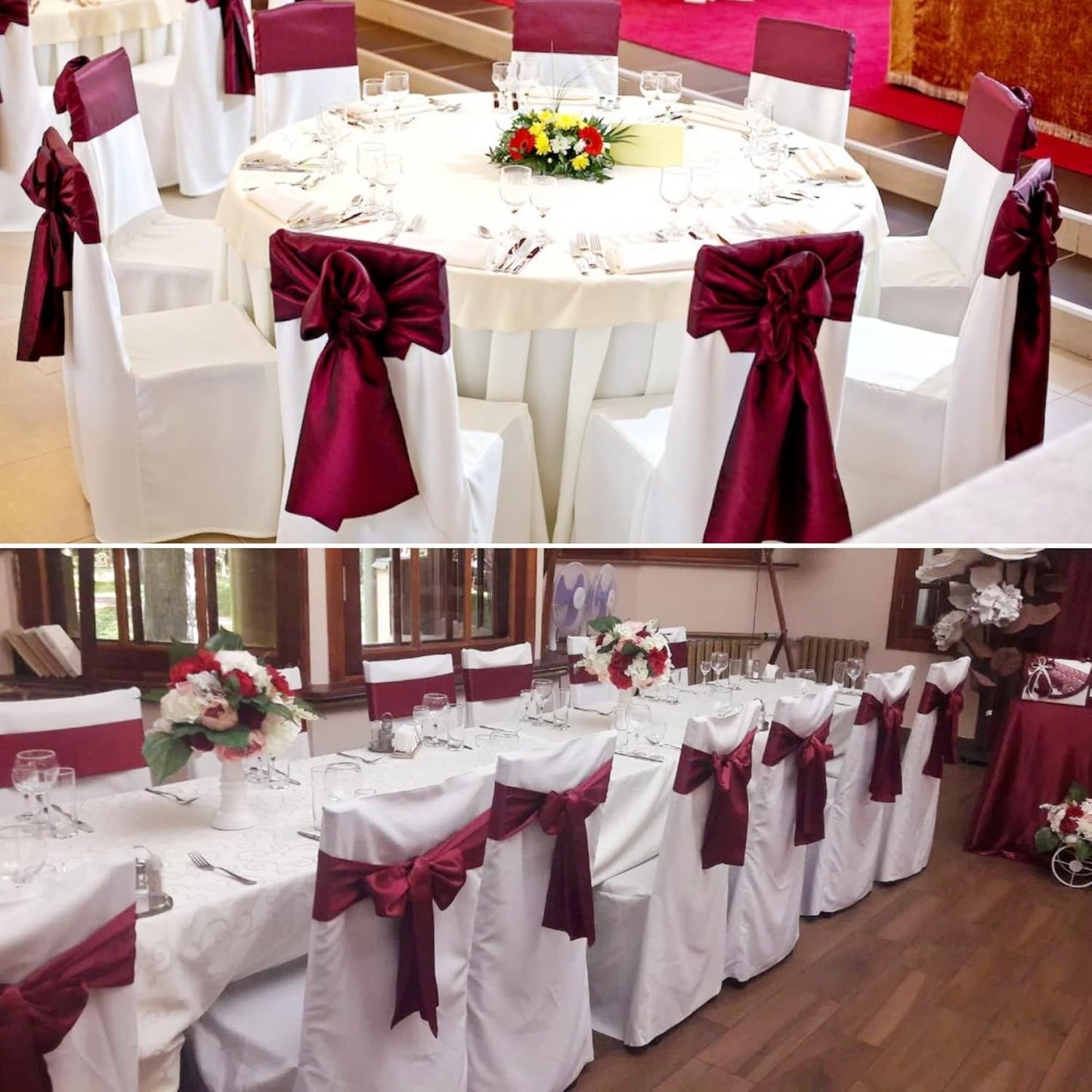 50 PCS Satin Chair Sashes Bows Decorative Universal Chair Cover Chair Ribbon Ties Back Sash for Wedding Birthday Party Ceremony Reception Hotel Events Banquet Restaurant Decor(7 x 108inch,Burgundy)