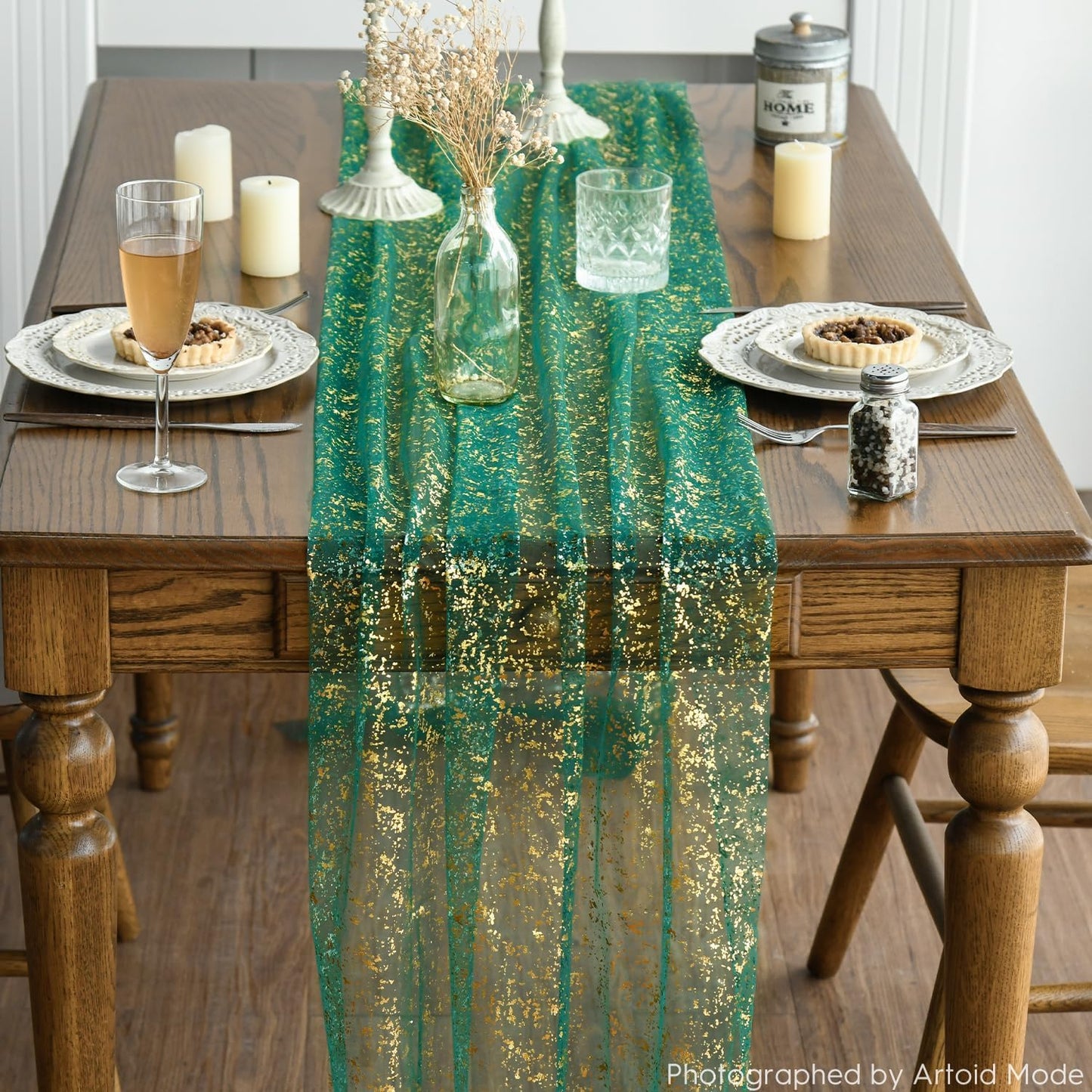 Artoid Mode 3PCS Green Gold Gauze Table Runner 120 Inch 10FT, Glitter Metallic Foil Sheer Dining Wedding Anniversary Holiday Table Decor for Home Party