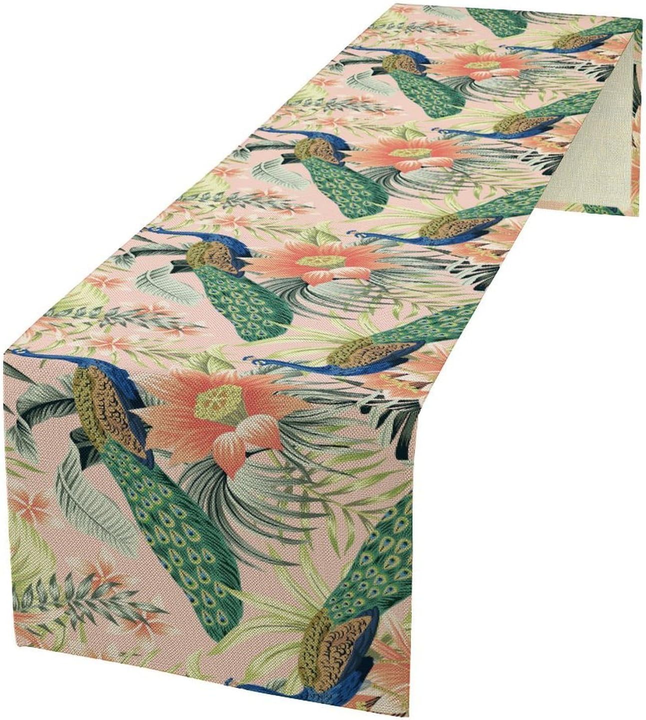 Peacock Table Runner,Pink Flower Peacock Birds Table Runner for Home Kitchen Dining Party Indoor Outdoor Decoration 13x60 Inch